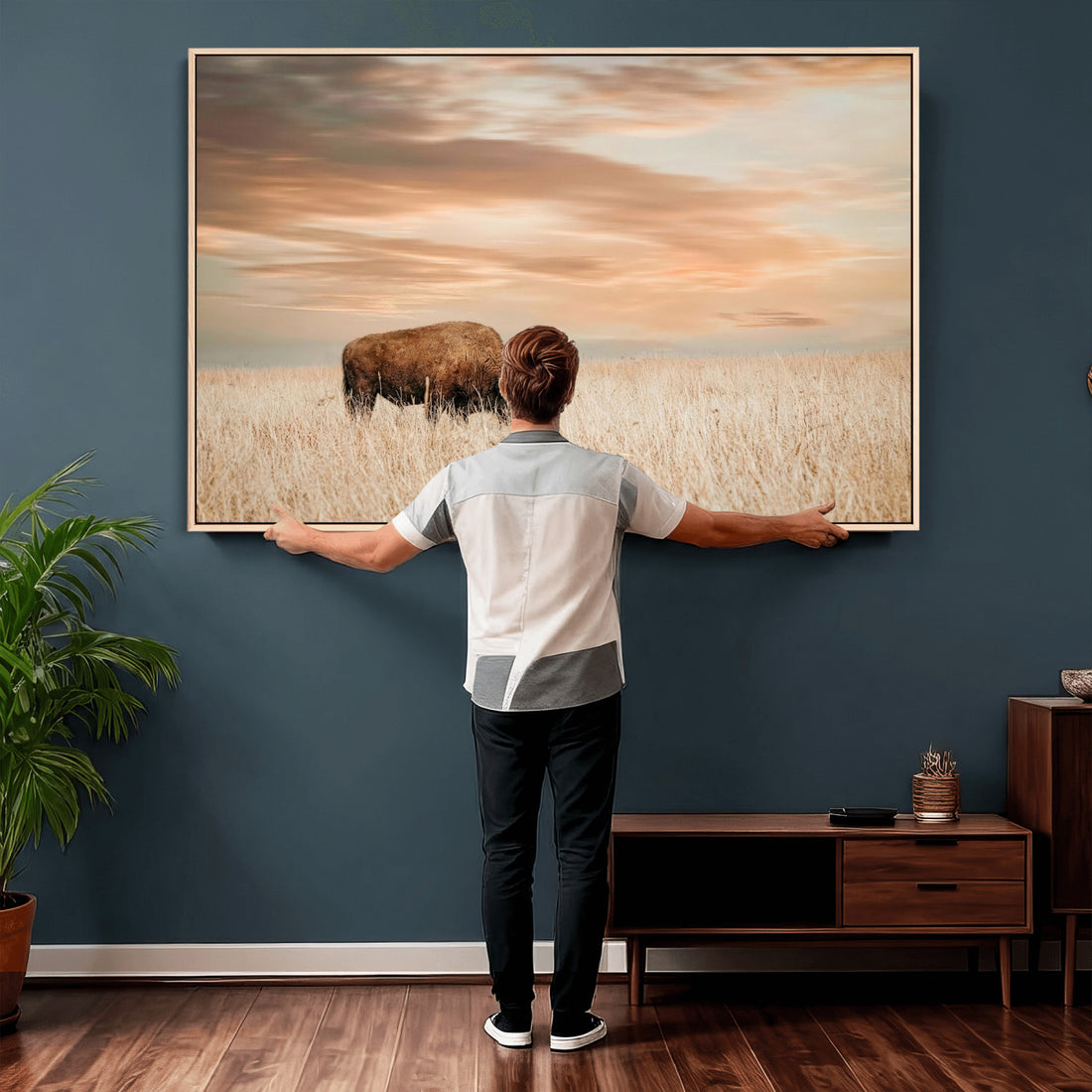 Bison Wall Art Canvas Print, Framed Buffalo Print, Western Prairie Art, Rustic Wildlife Decor