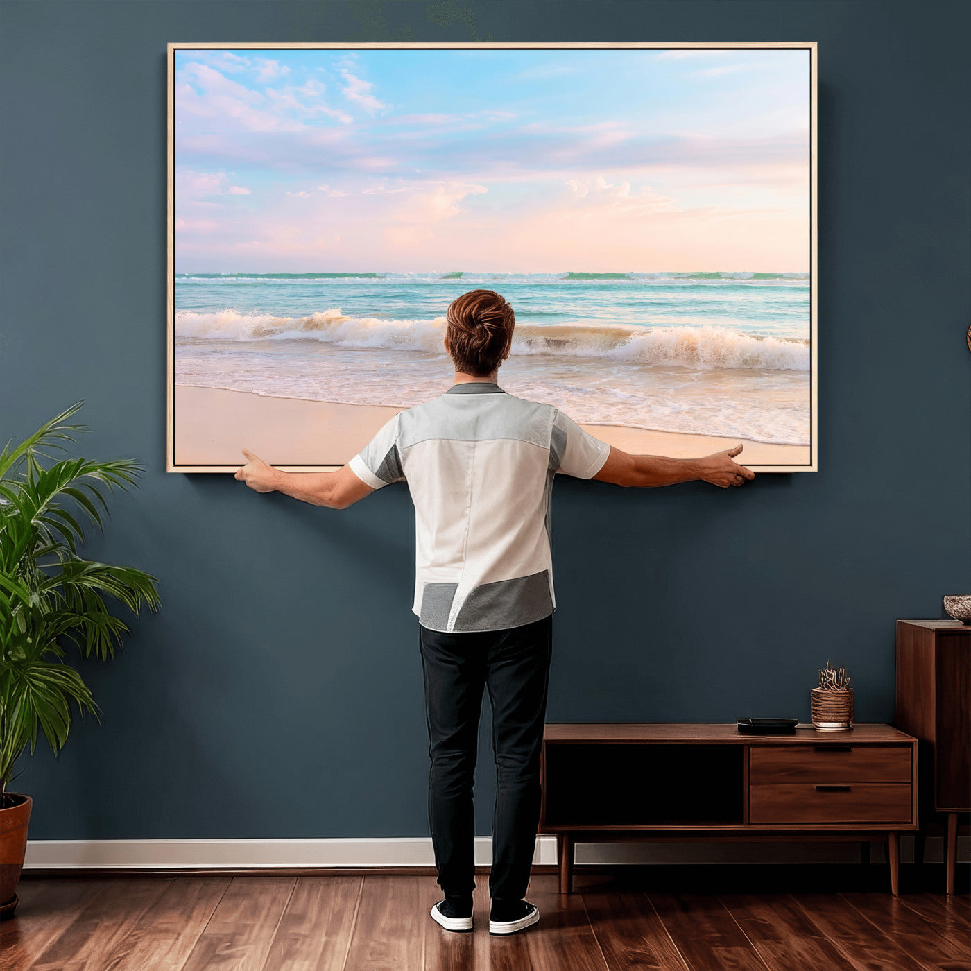 74679437-MGV-CV-36X24 - Serene Waves Wall Art – Golden Shore & Soft Pastel Sky Canvas Print, Gentle Ocean and Peaceful Sunset for Living Room or Office