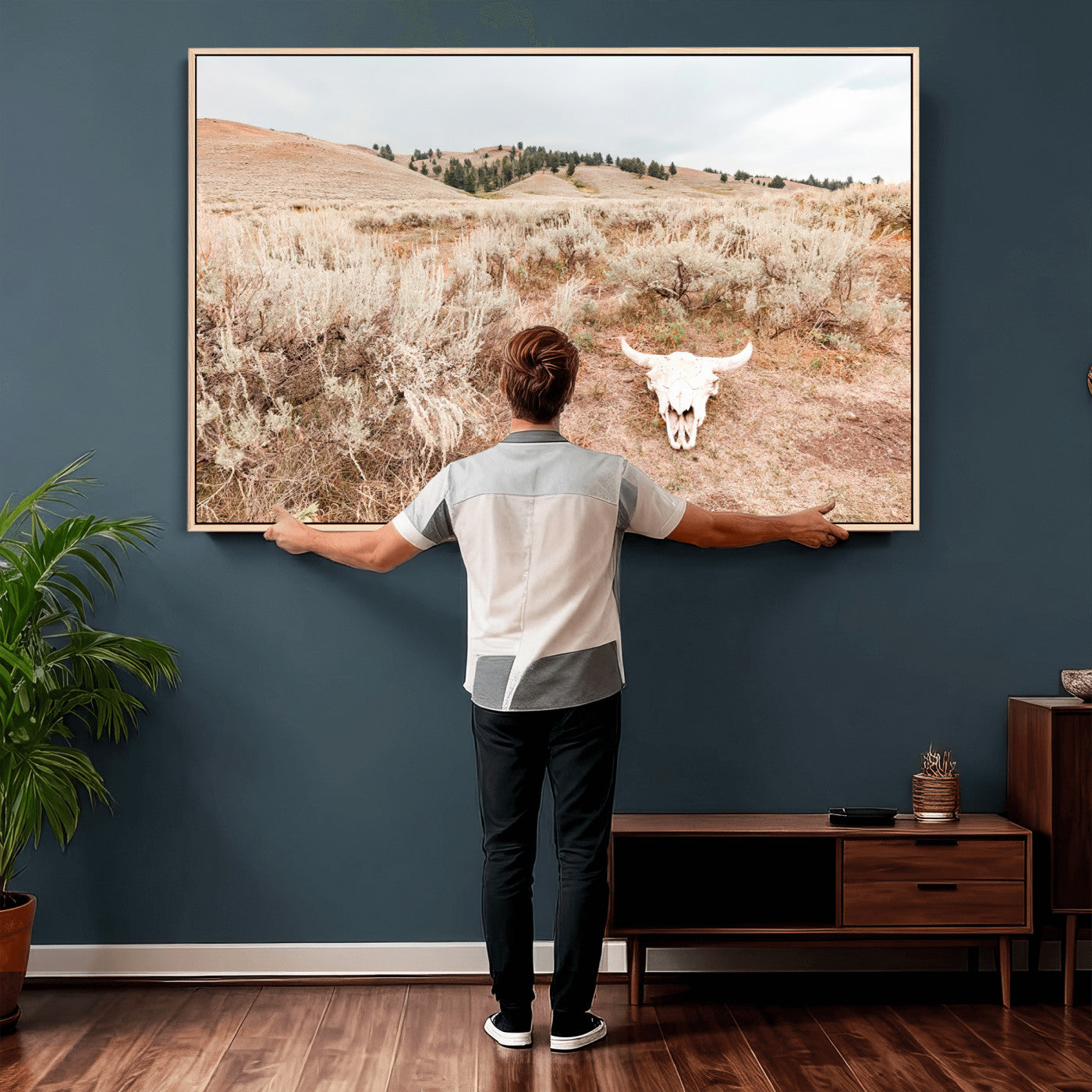 97234735-MGV-CV-36X24 - Desert Skull Wall Art – Arid Landscape & Sagebrush Canvas Print, Rustic Nature and Earth Tones for Living Room or Minimalist Decor