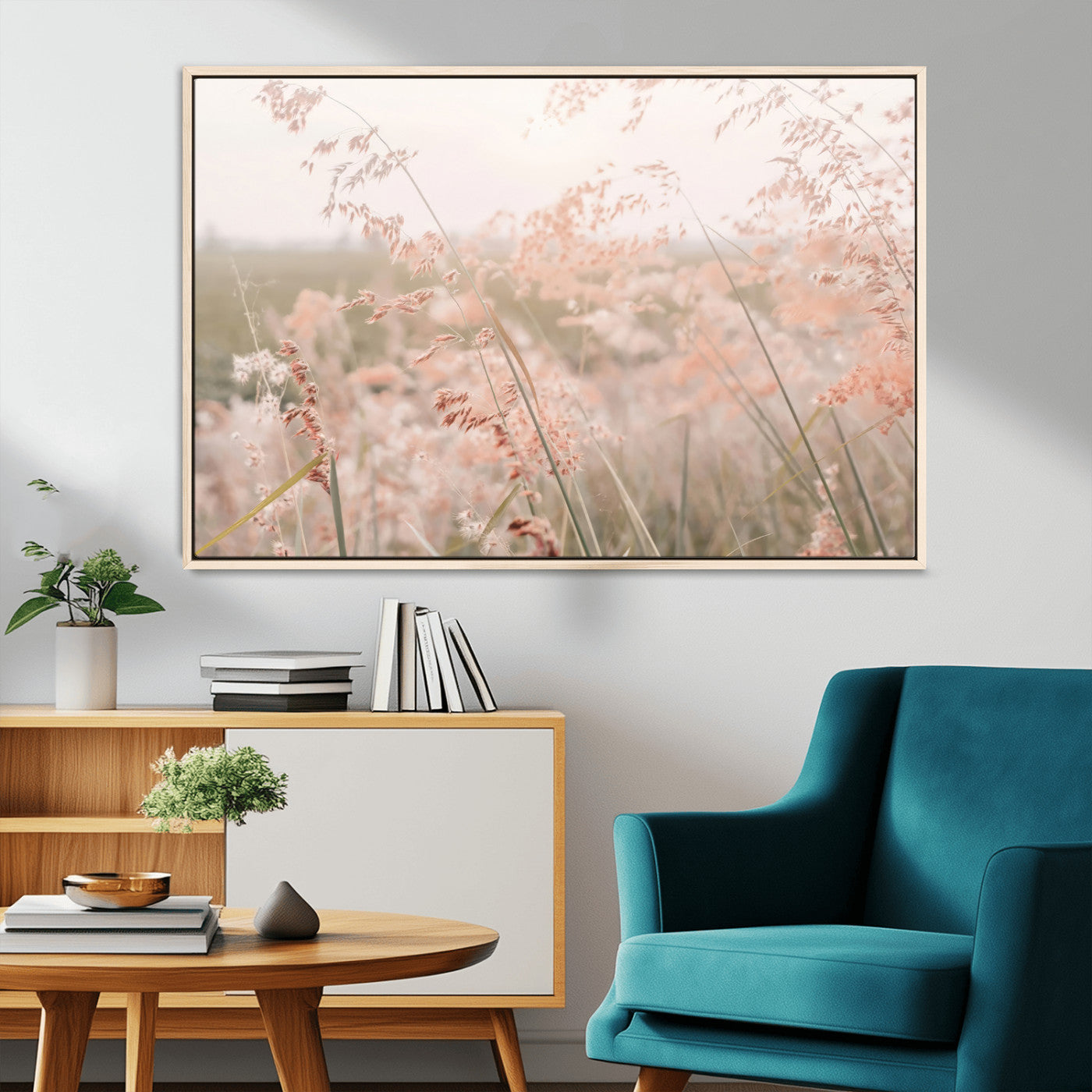 MGV-FC-36X24 - Pastel Grasses Wall Art Canvas Print, Framed Soft Meadow Art Picture Print, Field in Breeze Perfect Soft Pastel Minimal Decor Artwork