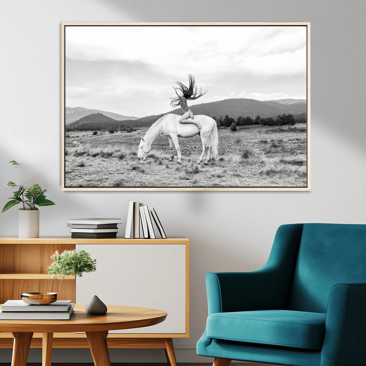 MGV-FC-36X24 - White Horse Wall Art Canvas Print, Framed Woman Rider Art Picture Print, Equestrian Pose Perfect Western Boho Decor Artwork