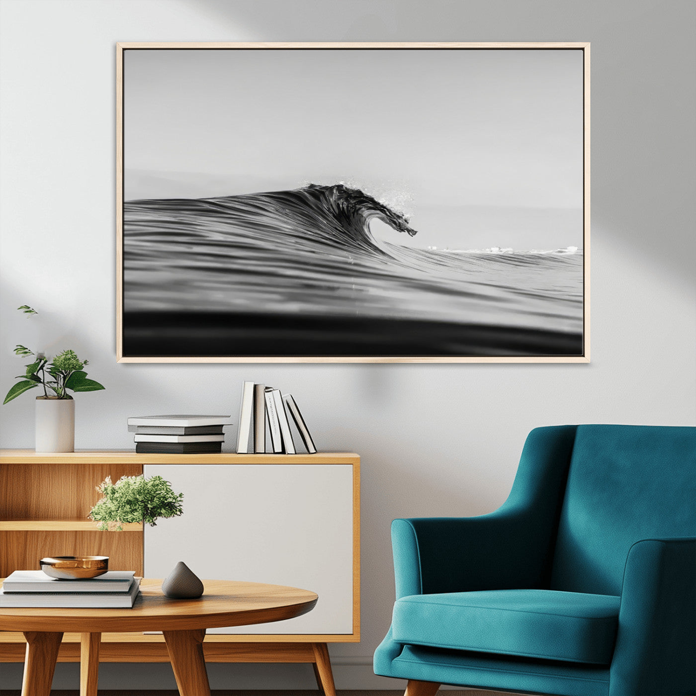 MGV-FC-36X24 - Black Wave Wall Art Canvas Print, Framed Abstract Surf Art Picture Print, Minimalist Ocean Perfect Minimalist Coastal Decor Artwork