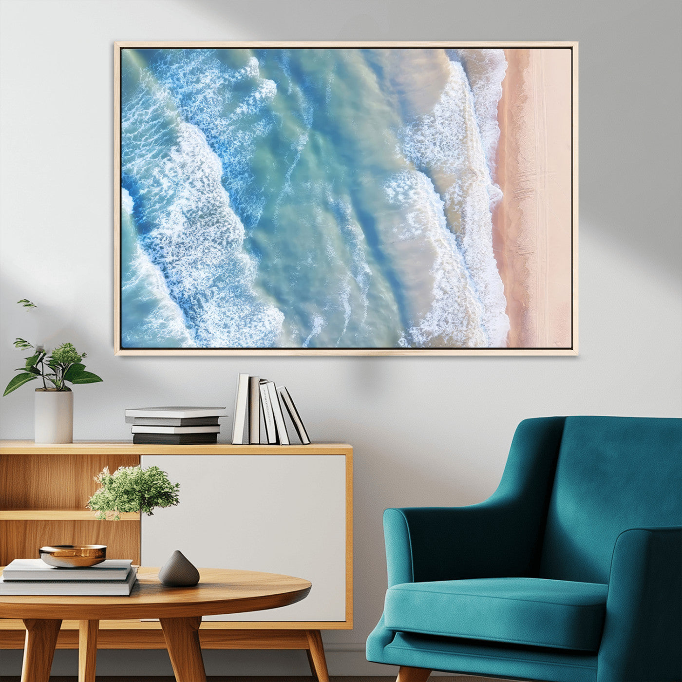MGV-FC-36X24 - Aerial Ocean View Wall Art Canvas Print, Framed Soft Blue Waves Art Picture Print, Sandy Shoreline Perfect Modern Coastal Decor Artwork