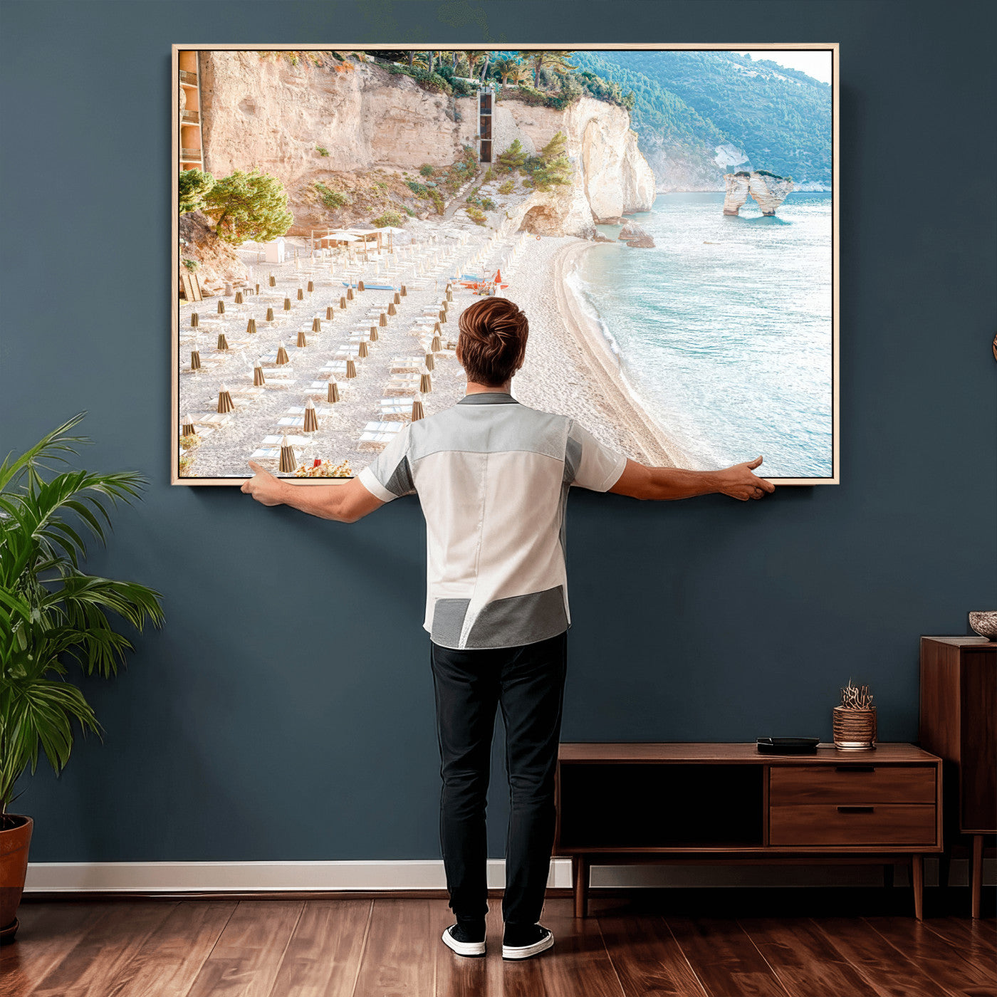 84816639-MGV-CV-36X24 - Sunny Beach Wall Art – Chairs & Umbrellas Canvas Print, Clear Water, Rocky Cliffs, Coastal Calm for Living Room or Vacation Home Decor