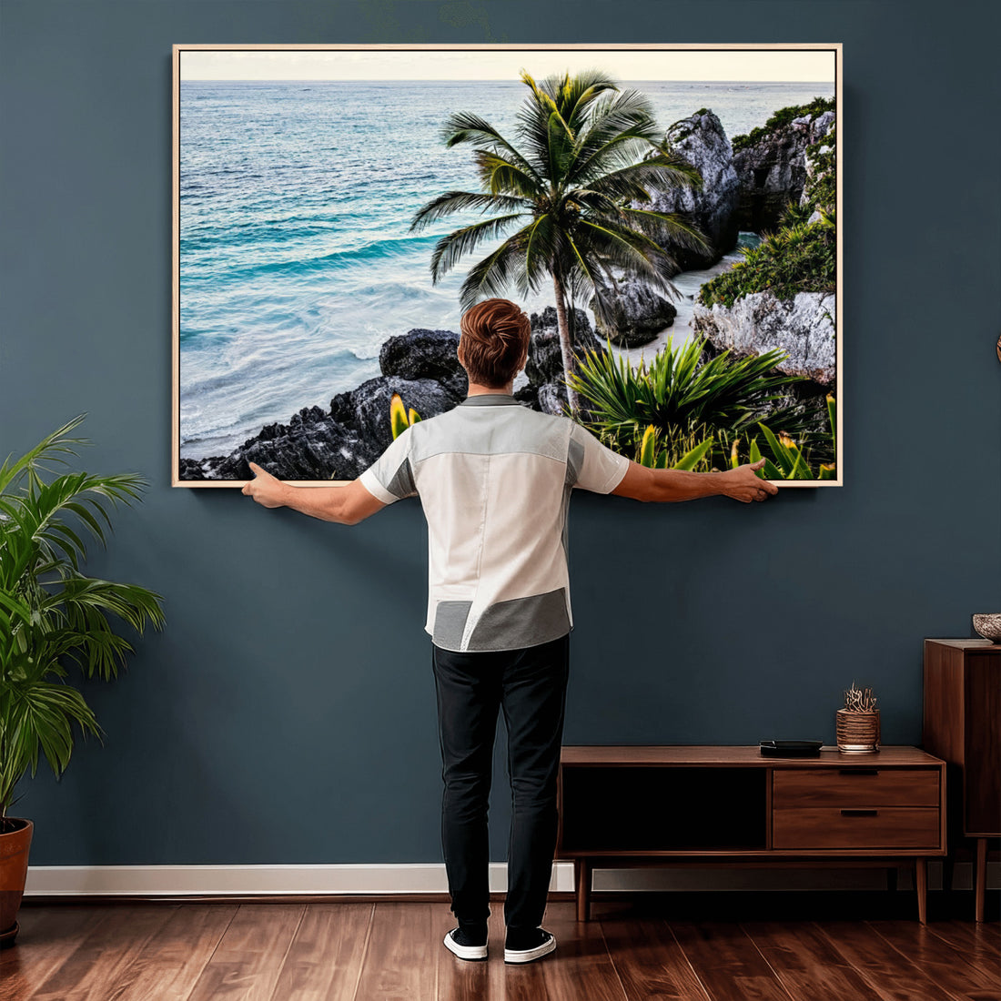 Tropical Palm Wall Art | Coastal Rocks Canvas Print, Ocean Breeze