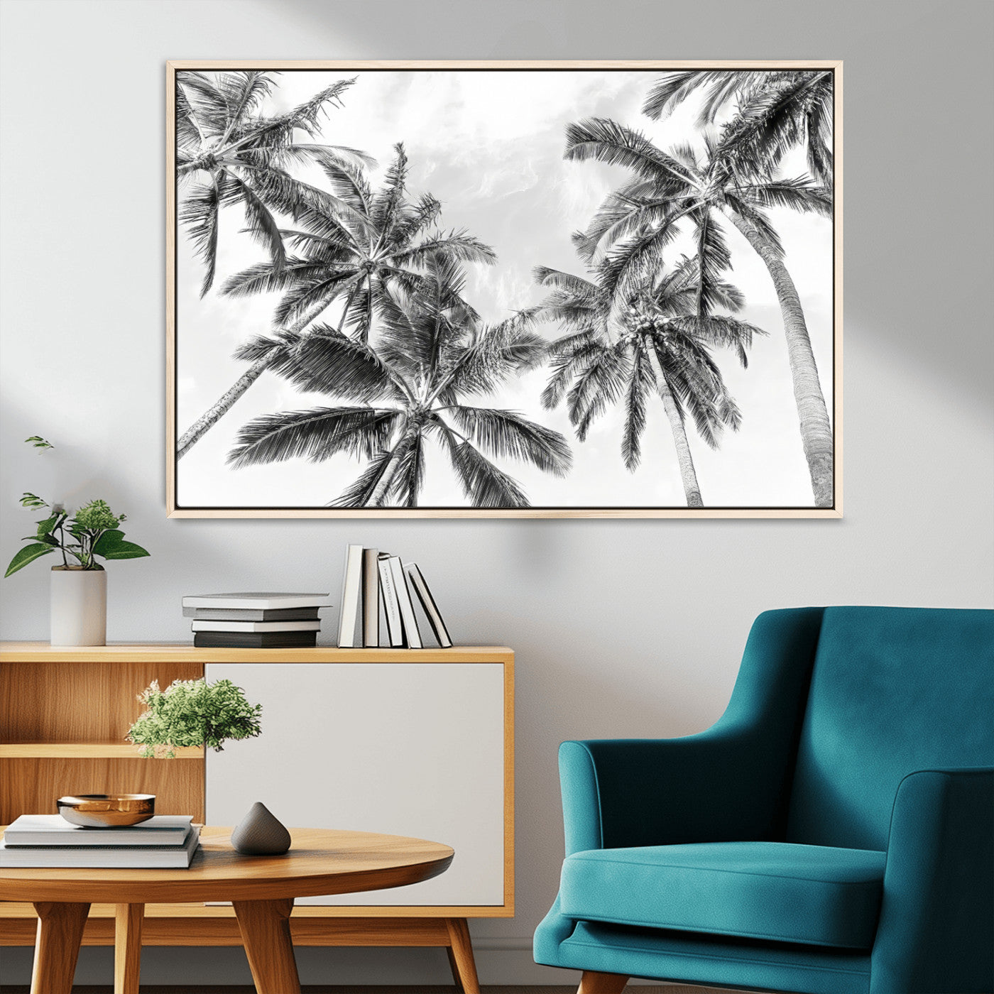 MGV-FC-36X24 - Black White Palm Wall Art Canvas Print, Framed Monochrome Tropics Art Picture Print, Minimalist Beach Perfect Coastal Minimalist Decor Artwork