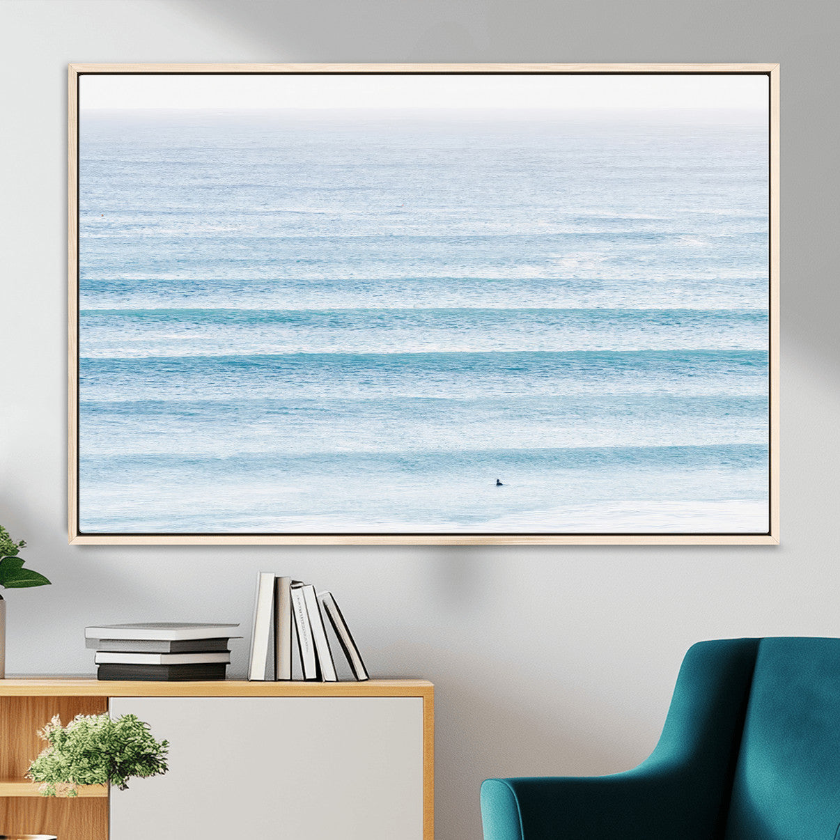 77145995-MGV-CV-36X24-Ocean Wave Surfer Wall Art – Framed Minimal Seascape Canvas Artwork, Calm Blue Water Design, Coastal Decor for Home, Office