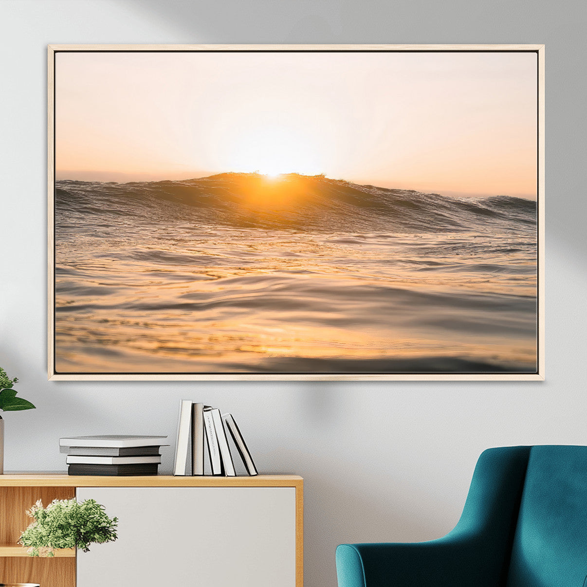 16973771-MGV-CV-36X24-Calm Water Wall Art – Framed Sunset Waves Canvas Artwork, Coastal Warm Design, Minimal Ocean Decor for Home, Office