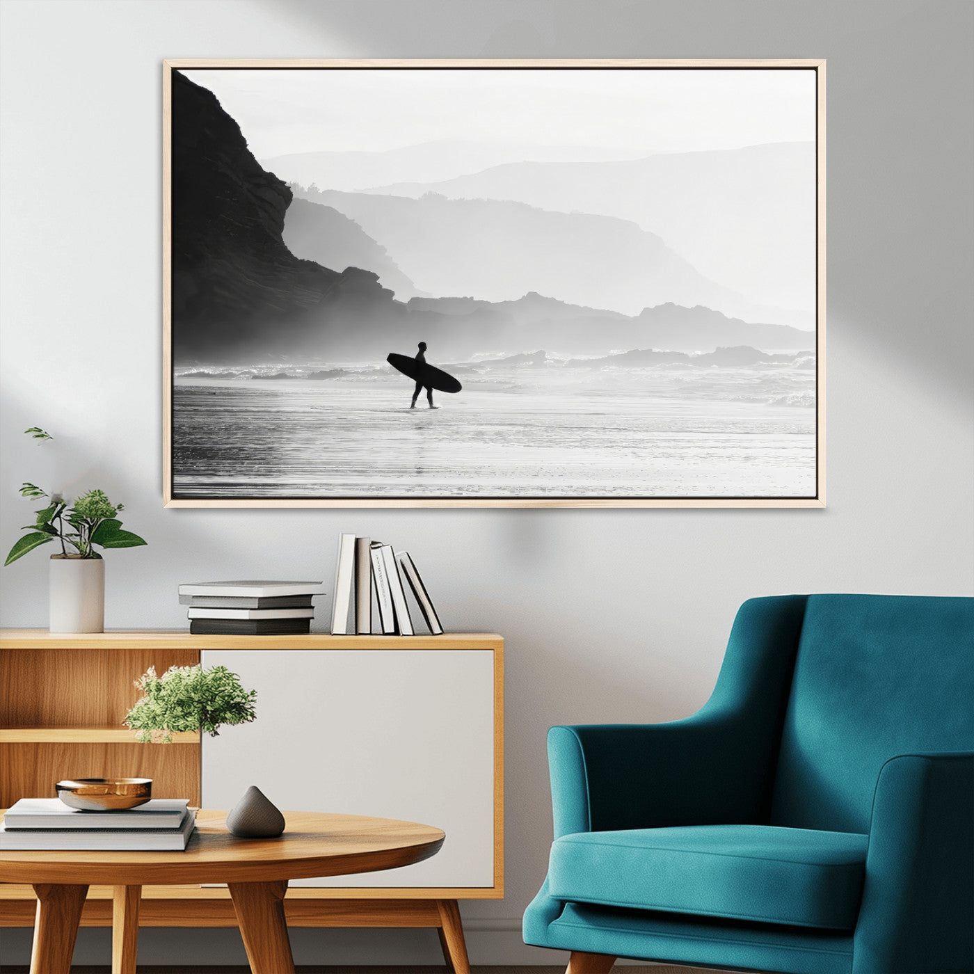 MGV-FC-36X24 - Surfer In Fog Wall Art Canvas Print, Framed Moody Shoreline Art Picture Print, Cliffside Waves Perfect Minimalist Coastal Decor Artwork
