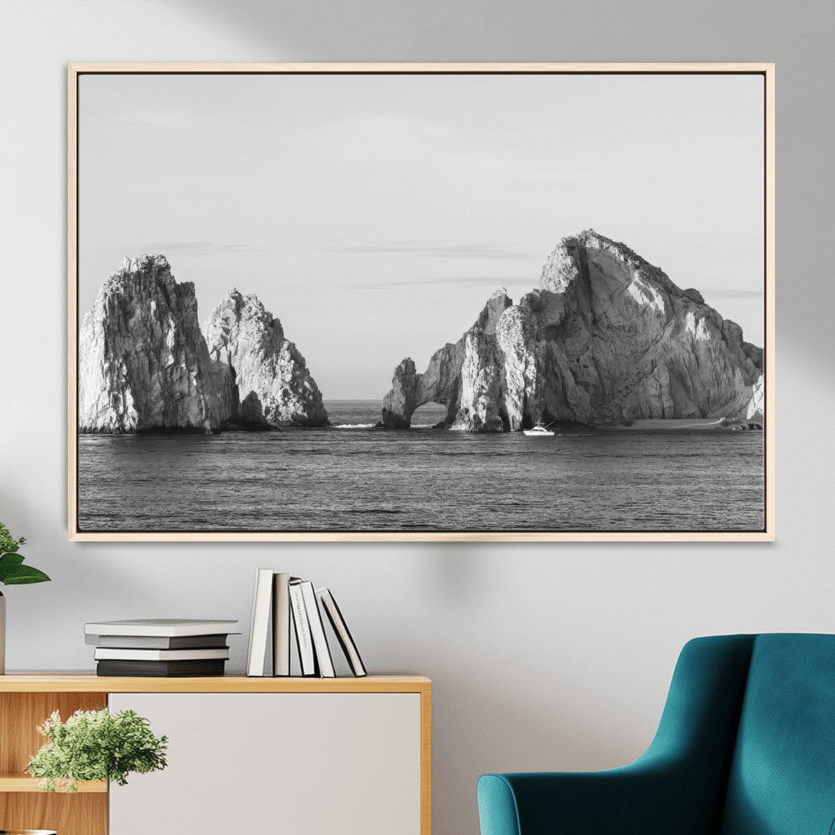 MGV-FC-36X24 - Rugged Coastline Wall Art Canvas Print, Framed Ocean Cliffs Art Picture Print, Monochrome Seascape Perfect Coastal Minimalist Decor Artwork