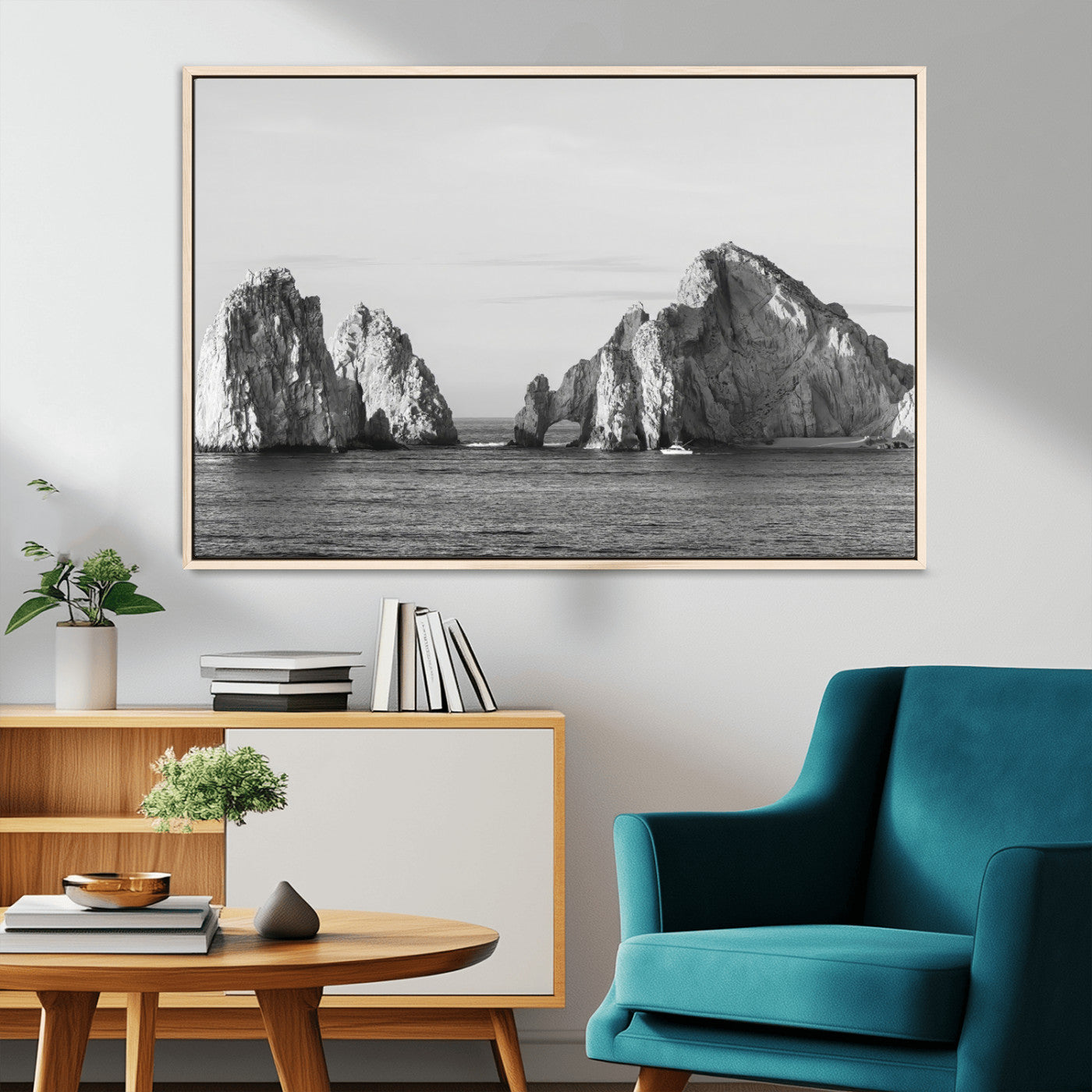 MGV-FC-36X24 - Rugged Coastline Wall Art Canvas Print, Framed Ocean Cliffs Art Picture Print, Monochrome Seascape Perfect Coastal Minimalist Decor Artwork
