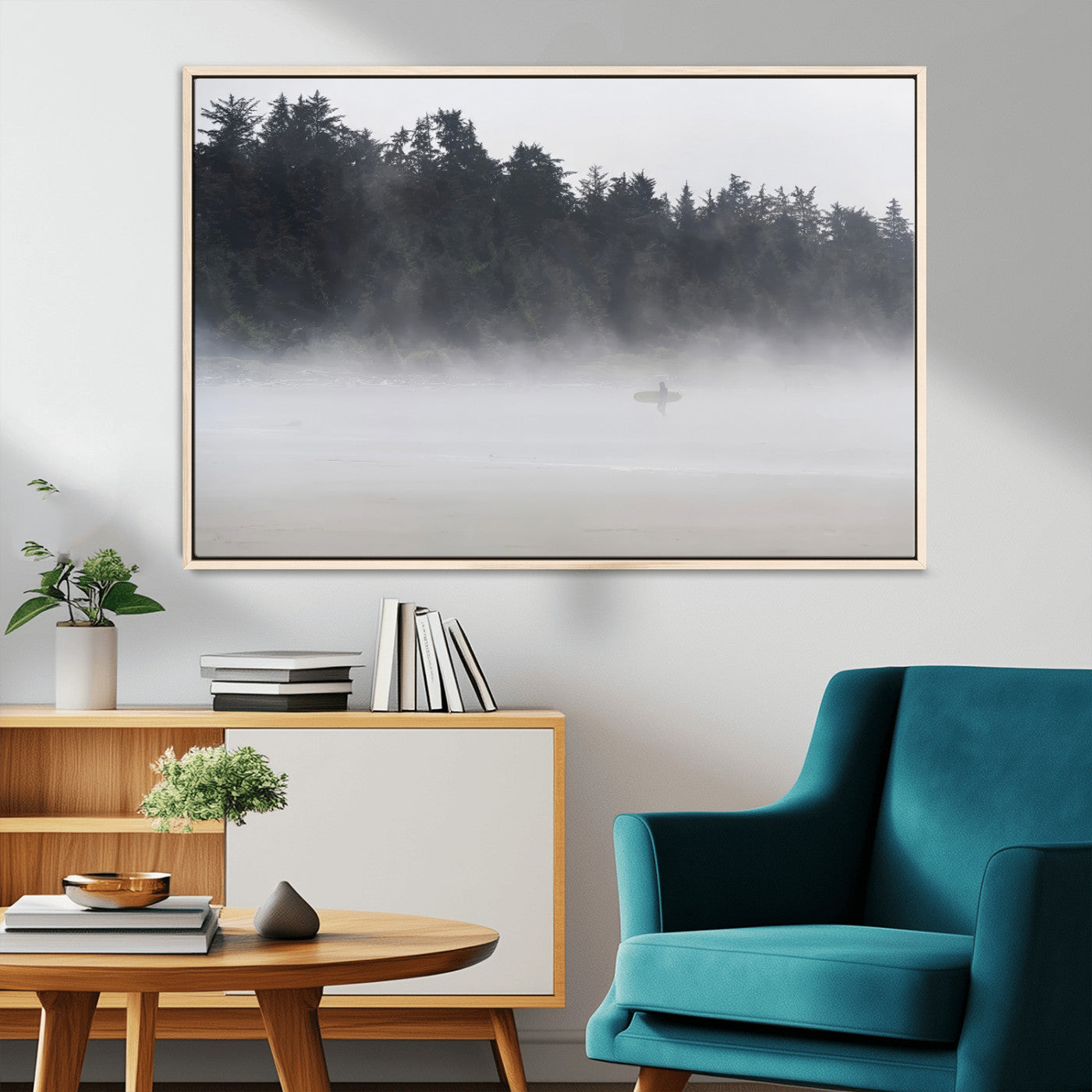 MGV-FC-36X24 - Surfer in Fog Wall Art Canvas Print, Framed Foggy Beach Art Picture Print, Coastal Surf Perfect Moody Coastal Decor Artwork