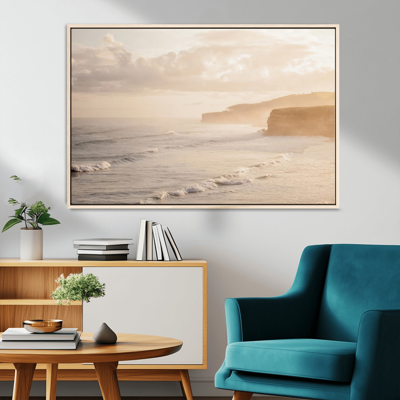 MGV-FC-36X24 - Misty Coastal Wall Art Canvas Print, Framed Golden Sunset Art Picture Print, Serene Shoreline Perfect Tranquil Coastal Decor Artwork