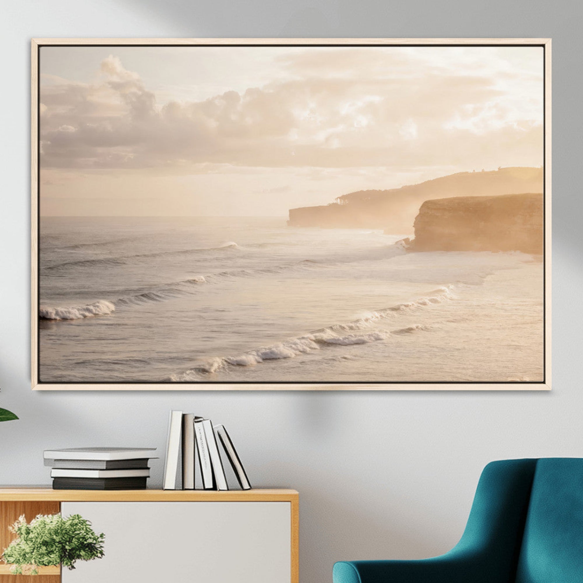 57669769-MGV-CV-36X24-Misty Coastal Wall Art Canvas Print – Framed Golden Sunset Scene with Serene Shoreline Artwork for Home, Office