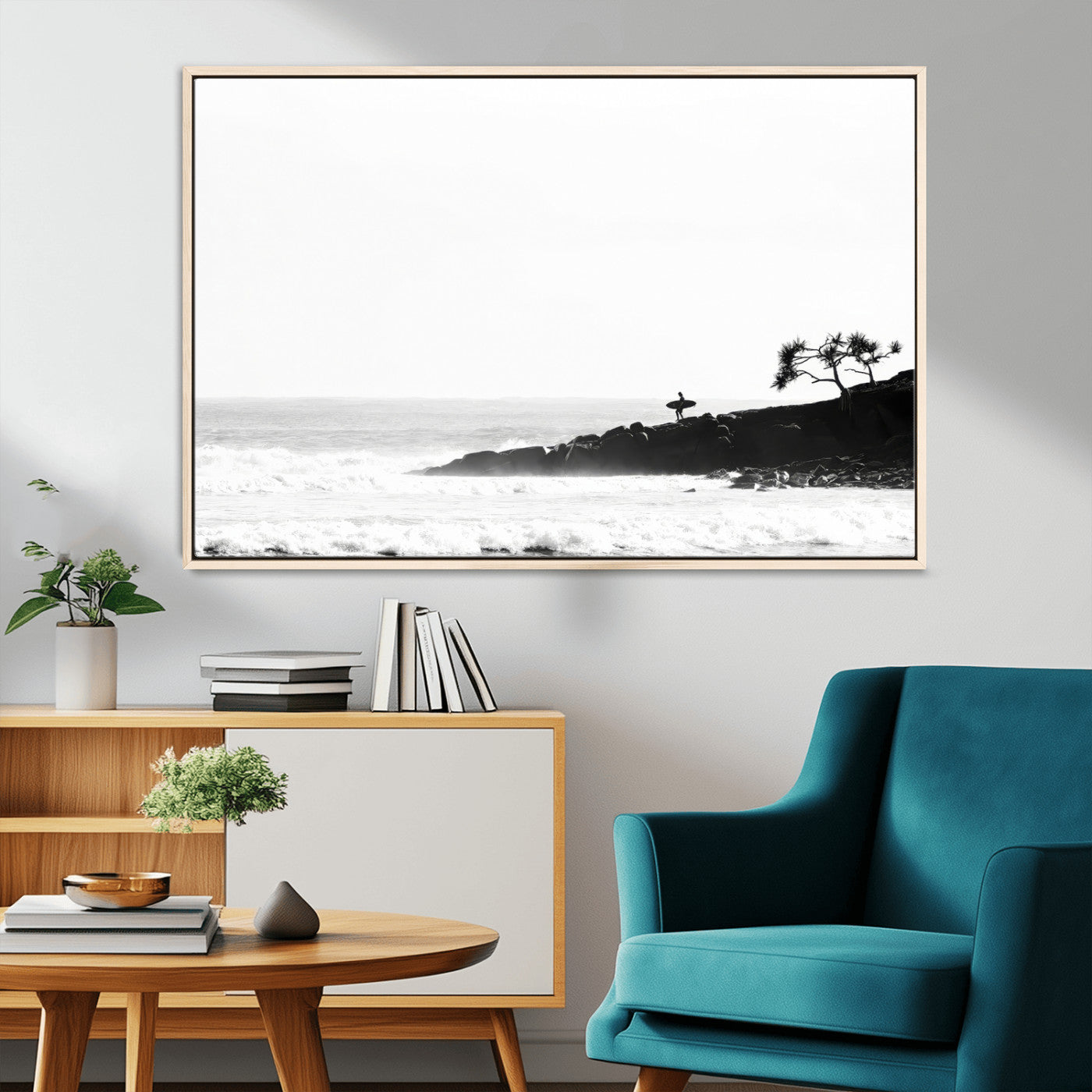 MGV-FC-36X24 - SurferCliffs Wall Art Canvas Print, Framed Black White Beach Art Picture Print, Ocean Waves Perfect Minimalist Coastal Decor Artwork