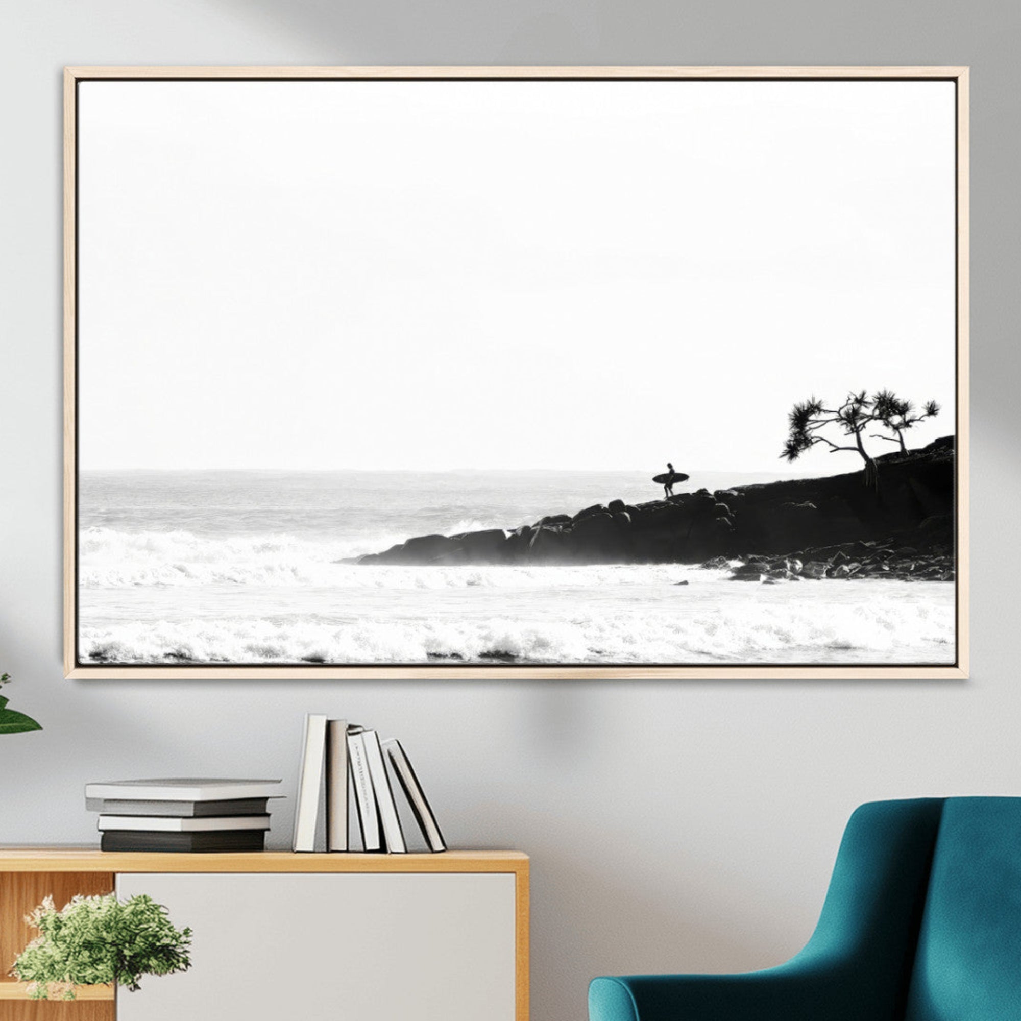 40875891-MGV-CV-36X24-Surfer Cliffs Wall Art Canvas Print – Framed Black White Beach Scene with Ocean Waves Artwork for Home, Office