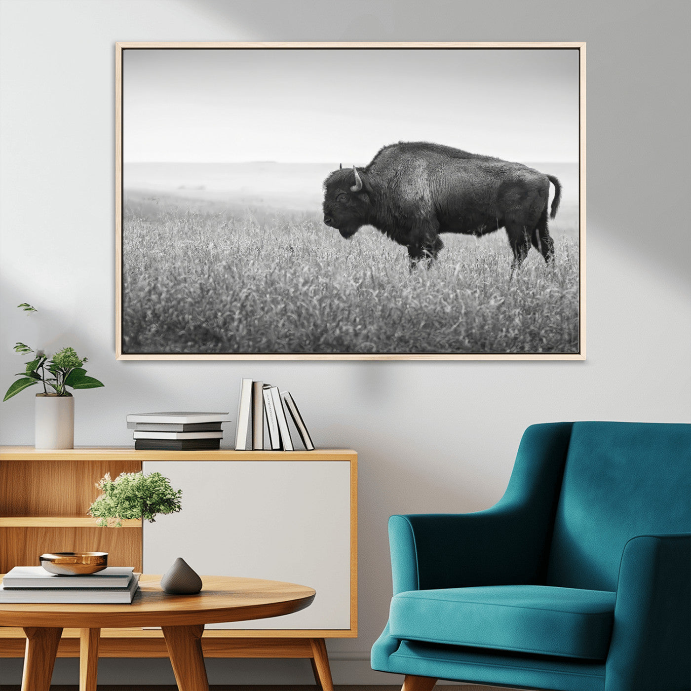 MGV-FC-36X24 - Bison In Prairie Wall Art Canvas Print, Framed Rustic Wildlife Art Picture Print, Wild Buffalo Perfect Rustic Western Decor Artwork