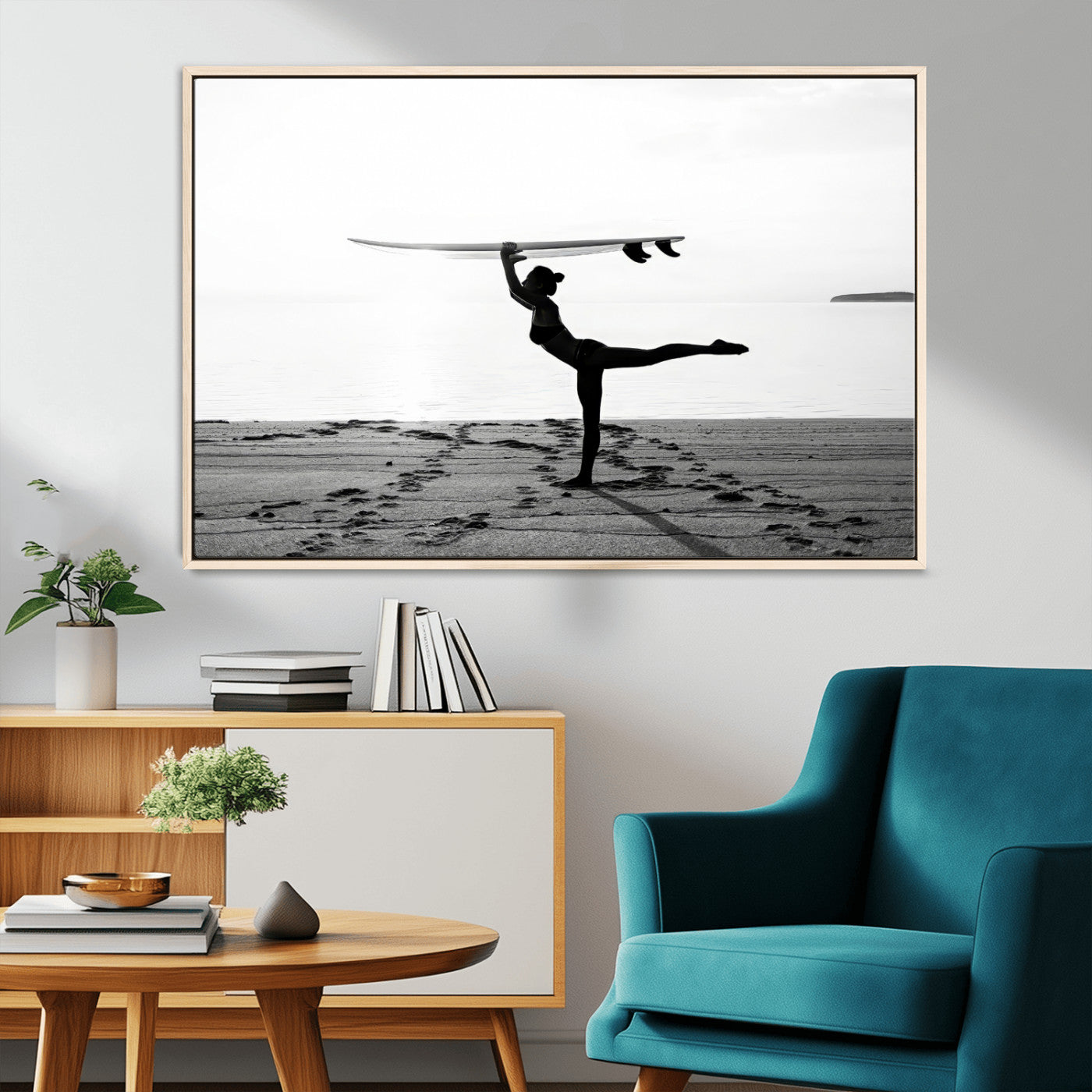 MGV-FC-36X24 - Yoga Surf Wall Art Canvas Print, Framed Black White Shore Art Picture Print, Peaceful Ocean Perfect Minimalist Coastal Decor Artwork