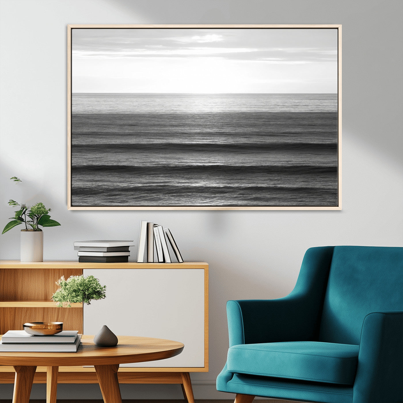 MGV-FC-36X24 - Monochrome Ocean Wall Art Canvas Print, Framed Moody Ocean Art Picture Print, Calm Ocean Perfect Minimalist Coastal Decor Artwork