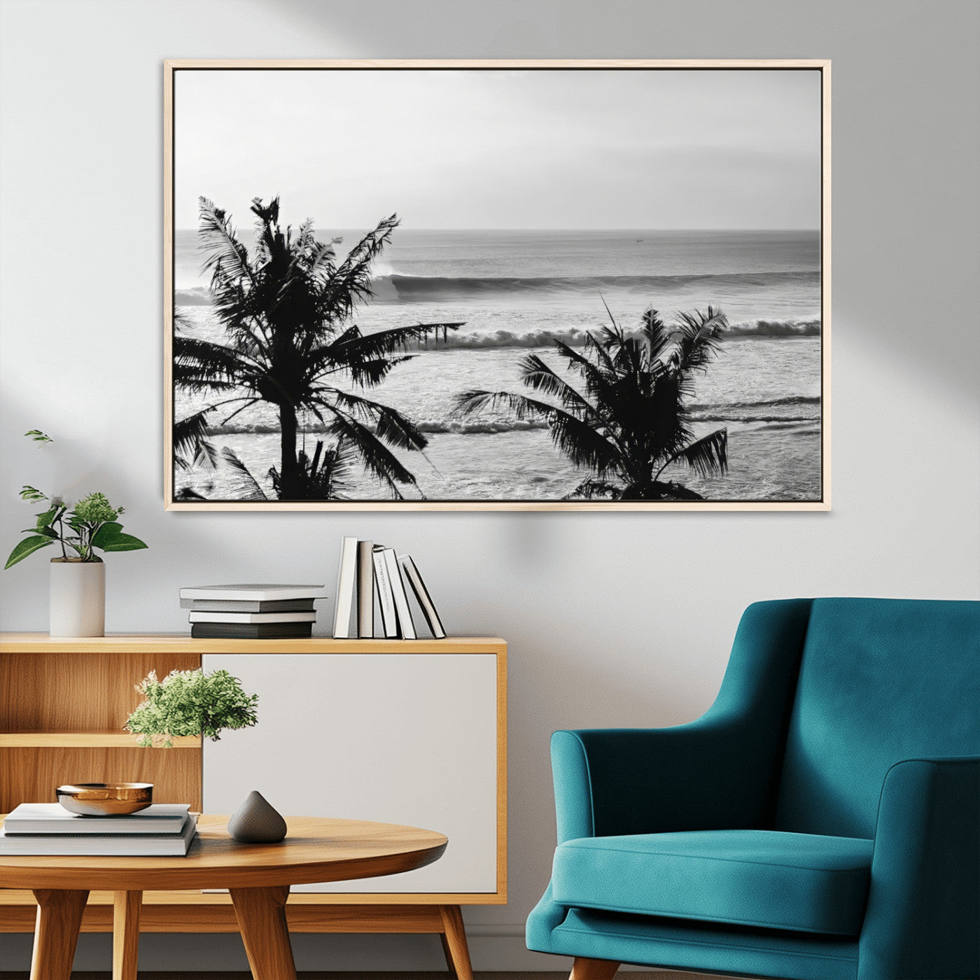 MGV-FC-36X24 - Tropical Coastline Wall Art Canvas Print, Framed Palm Trees Art Picture Print, Ocean Waves Perfect Minimalist Coastal Decor Artwork