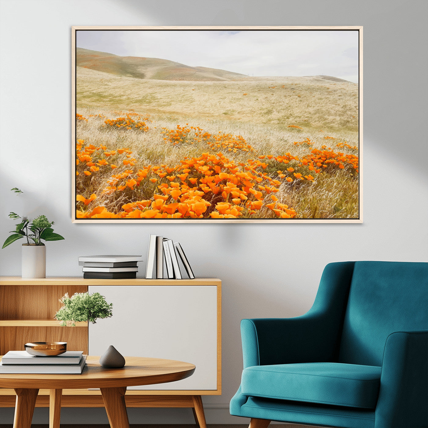 MGV-FC-36X24 - Golden Wildflowers Wall Art Canvas Print, Framed Hills Bloom Art Picture Print, Poppy Meadow Perfect Rustic Nature Decor Artwork