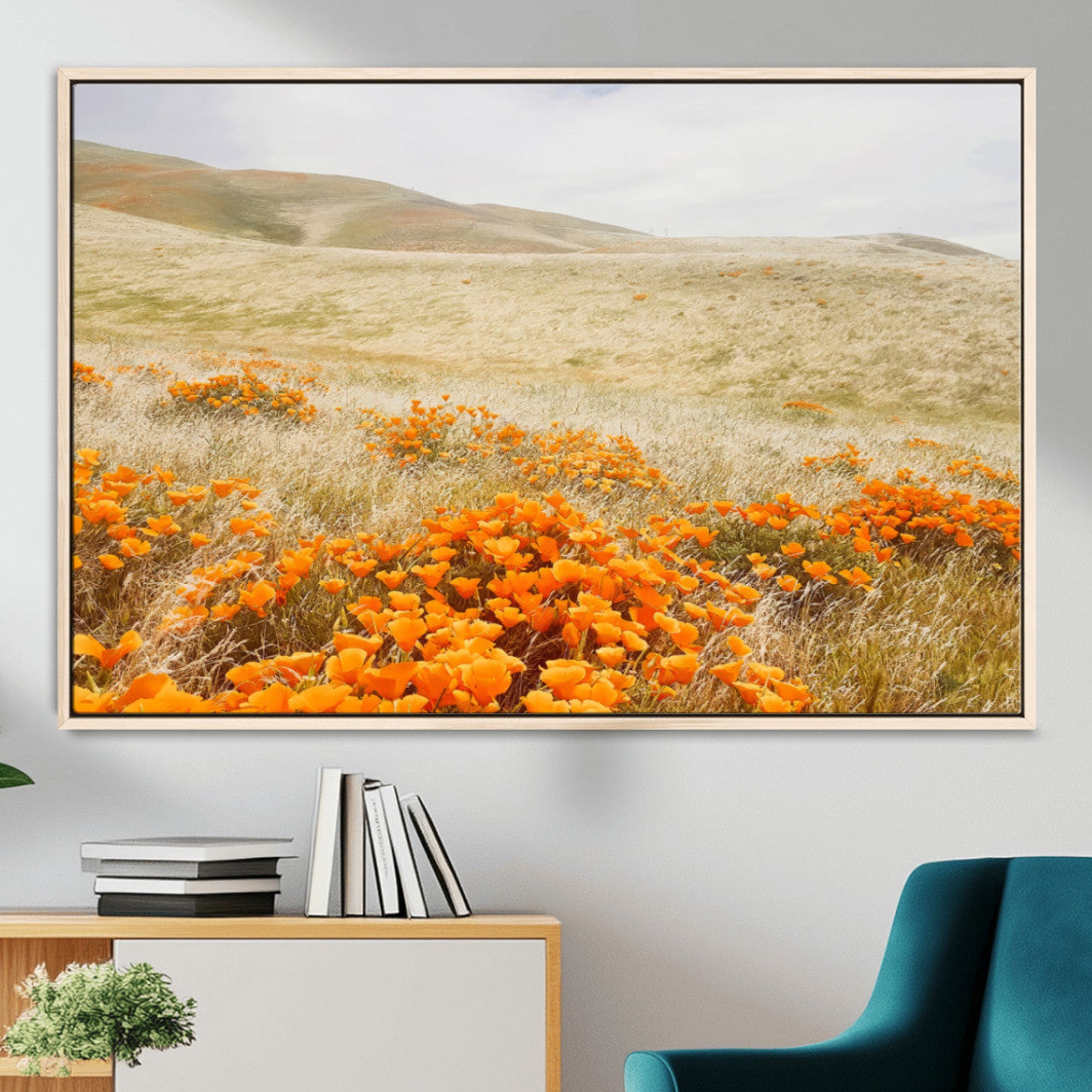 28972262-MGV-CV-36X24-Golden Wildflowers Wall Art Canvas Print – Framed Hills Bloom Scene with Poppy Meadow Artwork for Home, Office