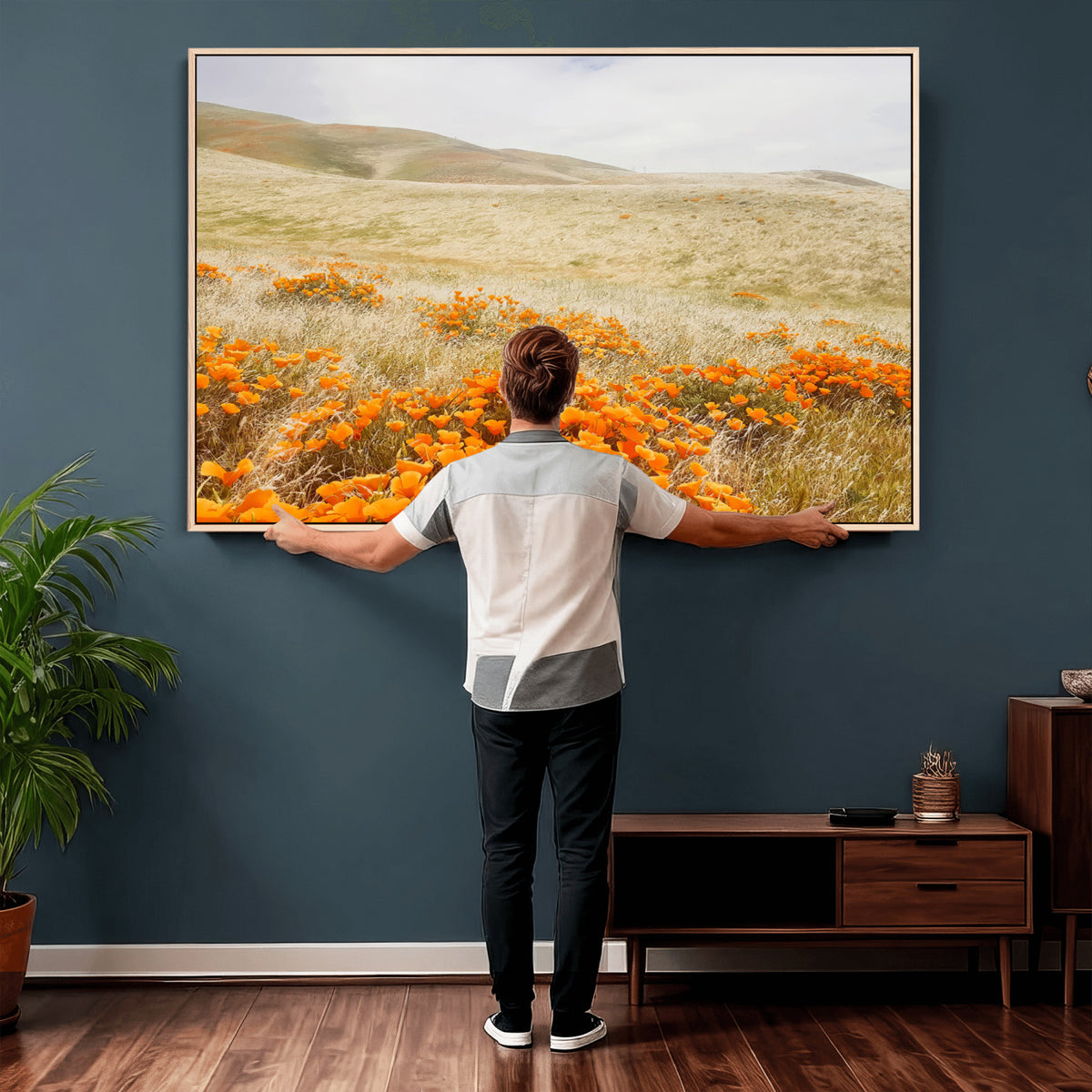 28972262-_Poster-30x20 - Golden Wildflowers Wall Art Canvas Print, Framed Hills and Poppy Meadow Scene