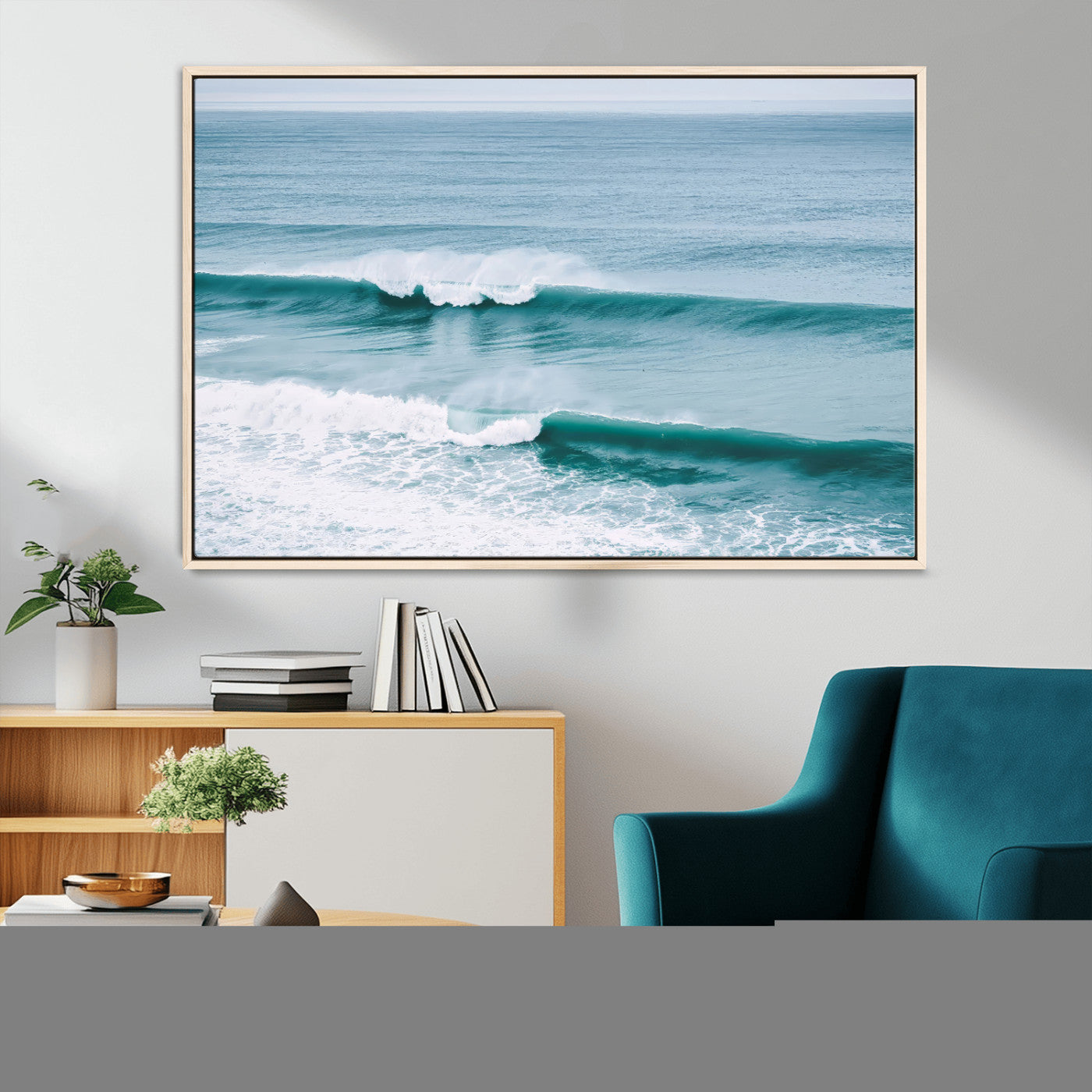 Powerful ocean waves rolling towards the shore, their turquoise hues blending with white sea foam under an open horizon, capturing the essence of the ocean's movement.
