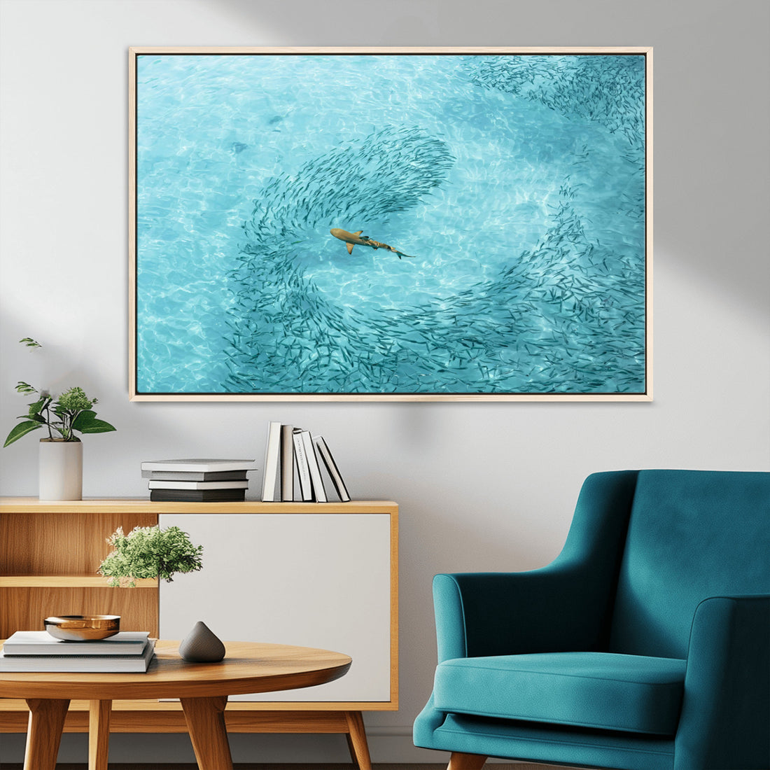 Fish Swarm Wall Art Canvas Print, Framed Aerial Shark and Marine Life Scene