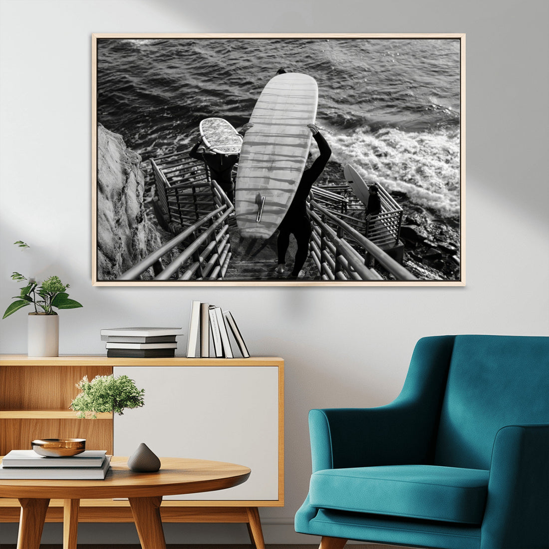 Black and White Surfing Wall Art Canvas Print, Framed Coastal Wave Riders Scene