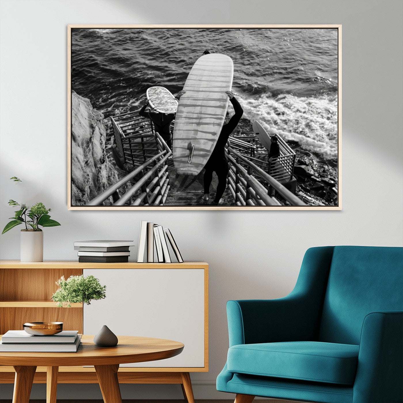 MGV-FC-36X24 - Black White Surfing Wall Art Canvas Print, Framed Coastal Surfing Art Picture Print, Wave Riders Perfect Coastal Adventure Decor Artwork