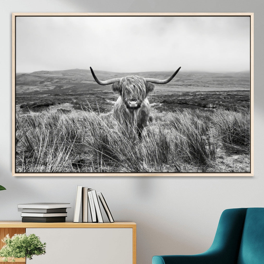 Monochrome Highland Cow Wall Art Canvas Print, Framed Scottish Bull Artwork