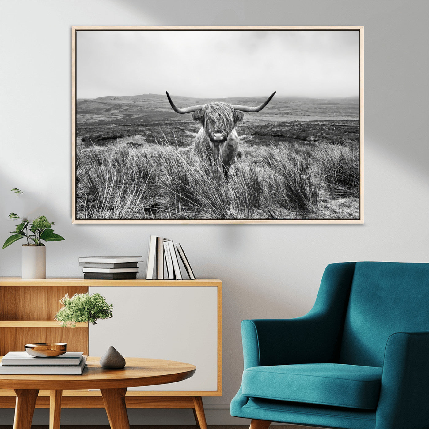 MGV-FC-36X24 - Monochrome Highland Cow Wall Art Canvas Print, Framed Scottish Bull Art Picture Print, Lone Cattle Perfect Rustic Farmhouse Decor Artwork