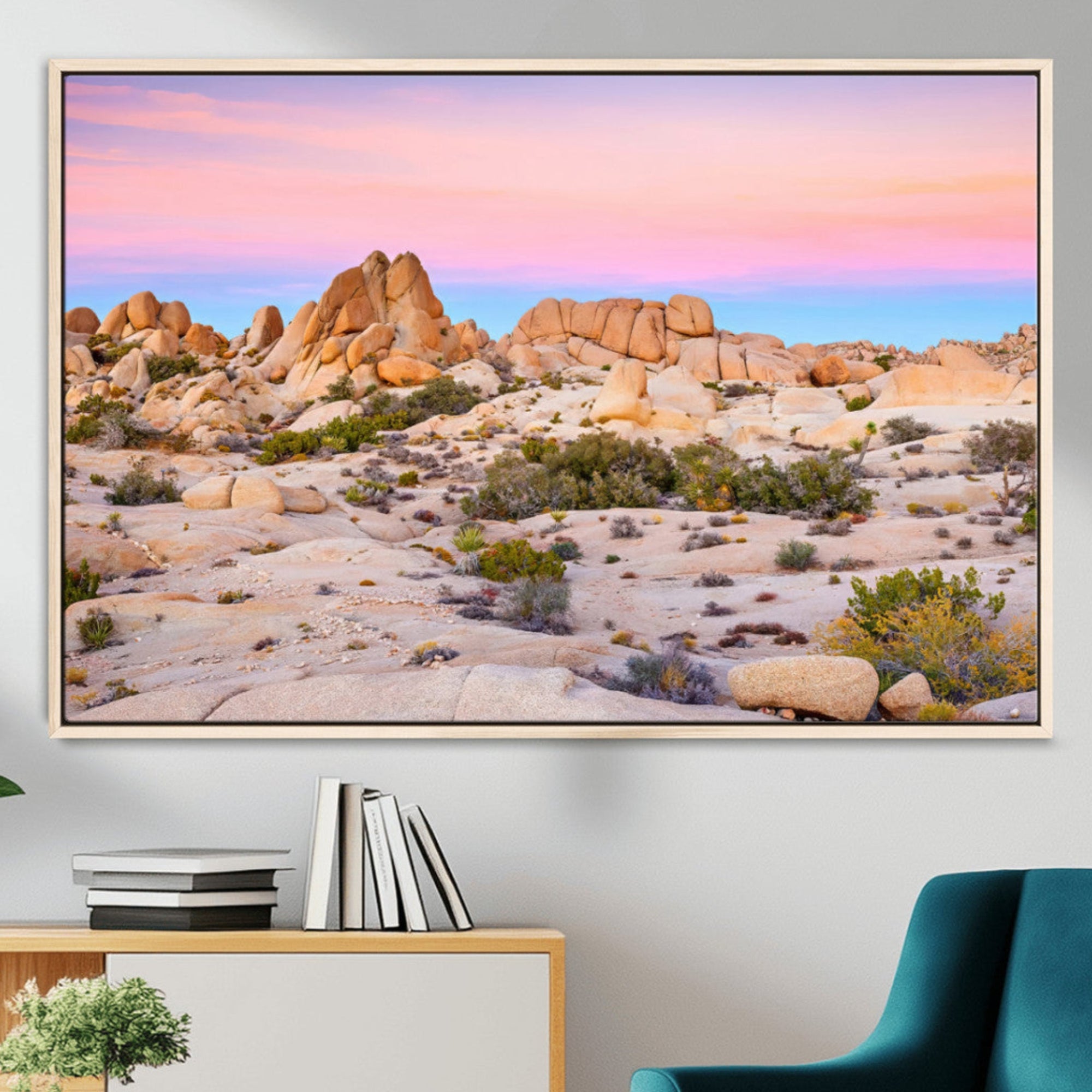 -Vibrant Sunset Sky Wall Art Canvas Print – Framed Joshua Tree Rugged Terrain Southwestern Boho Artwork for Home, Office