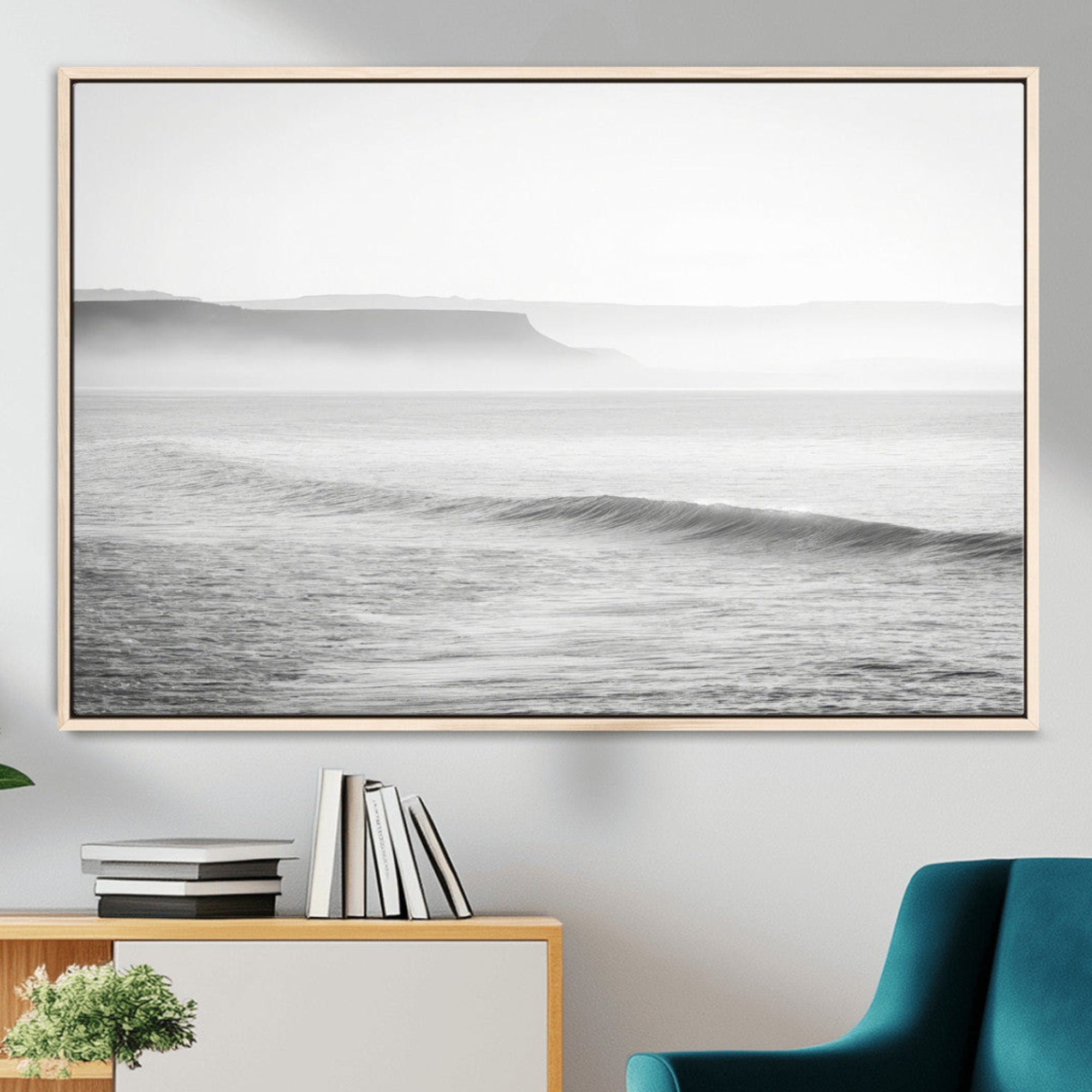 -Black and White Seascape Wall Art Canvas Print – Framed Misty Ocean Waves Minimalist Coastal Artwork for Home, Office