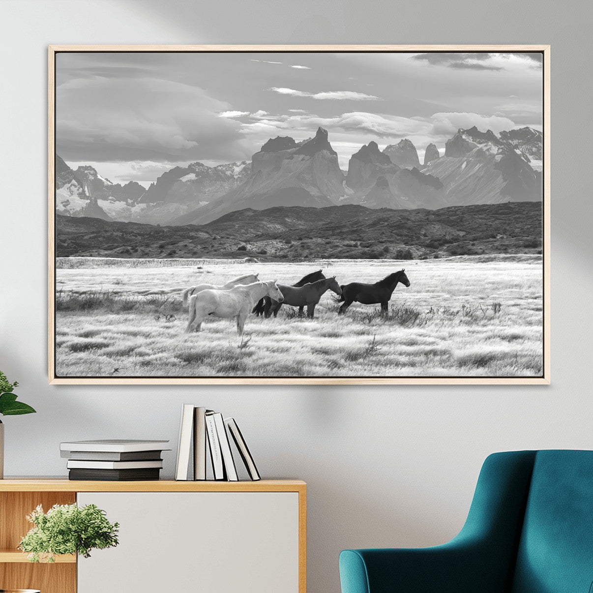 MGV-FC-36X24 - Wild Horses Wall Art Canvas Print, Framed Black White Mountains Art Picture Print, Rustic Countryside Perfect Rustic Western Decor Artwork