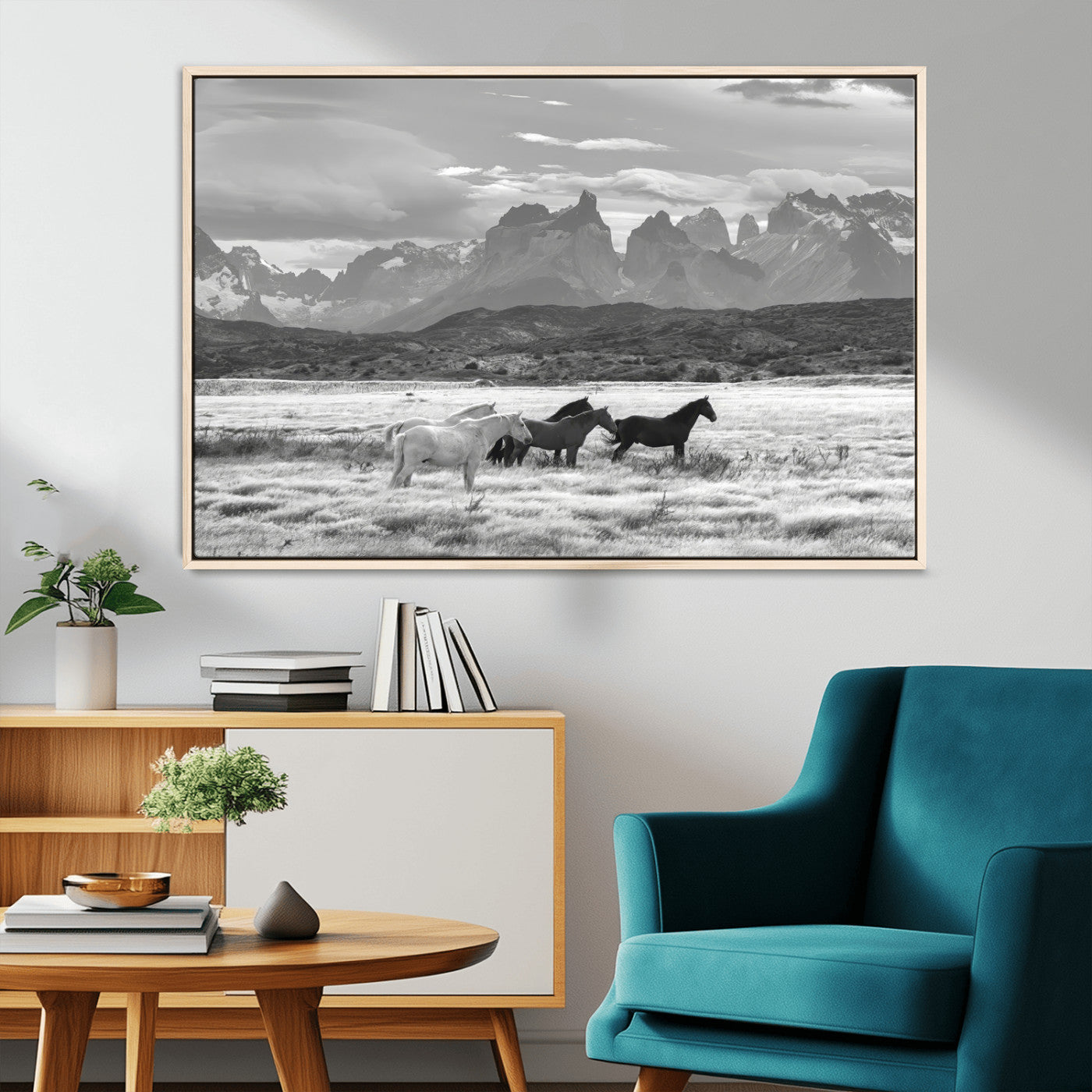 MGV-FC-36X24 - Wild Horses Wall Art Canvas Print, Framed Black White Mountains Art Picture Print, Rustic Countryside Perfect Rustic Western Decor Artwork