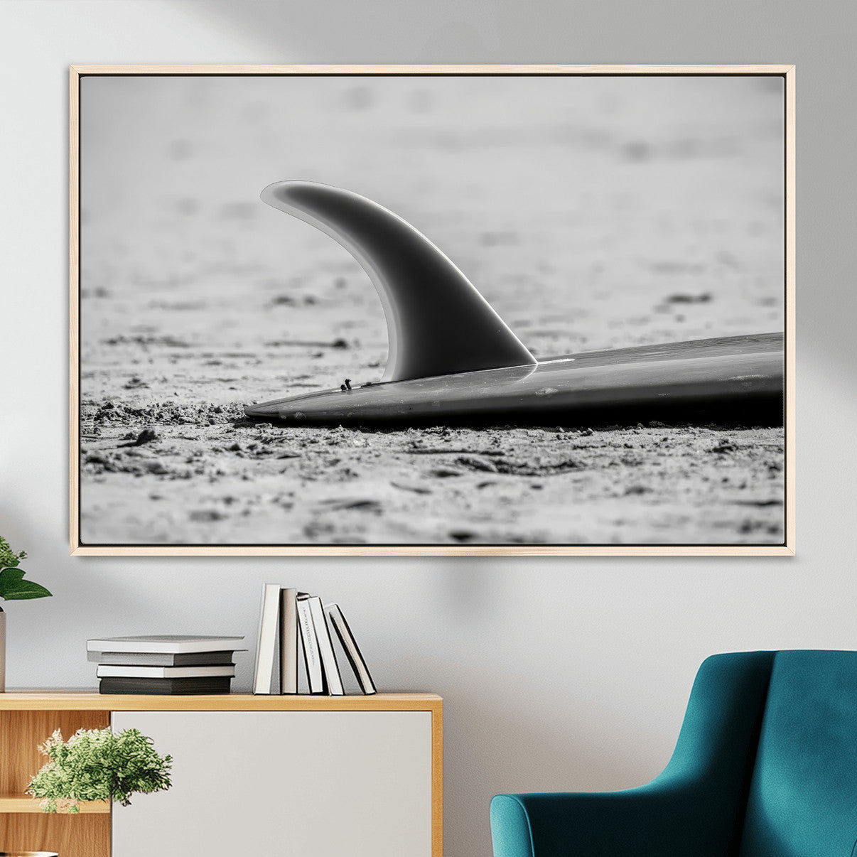 MGV-FC-36X24 - Black White Surfboard Wall Art Canvas Print, Framed Minimalist Beach Art Picture Print, Surf Fin Perfect Minimalist Coastal Decor Artwork