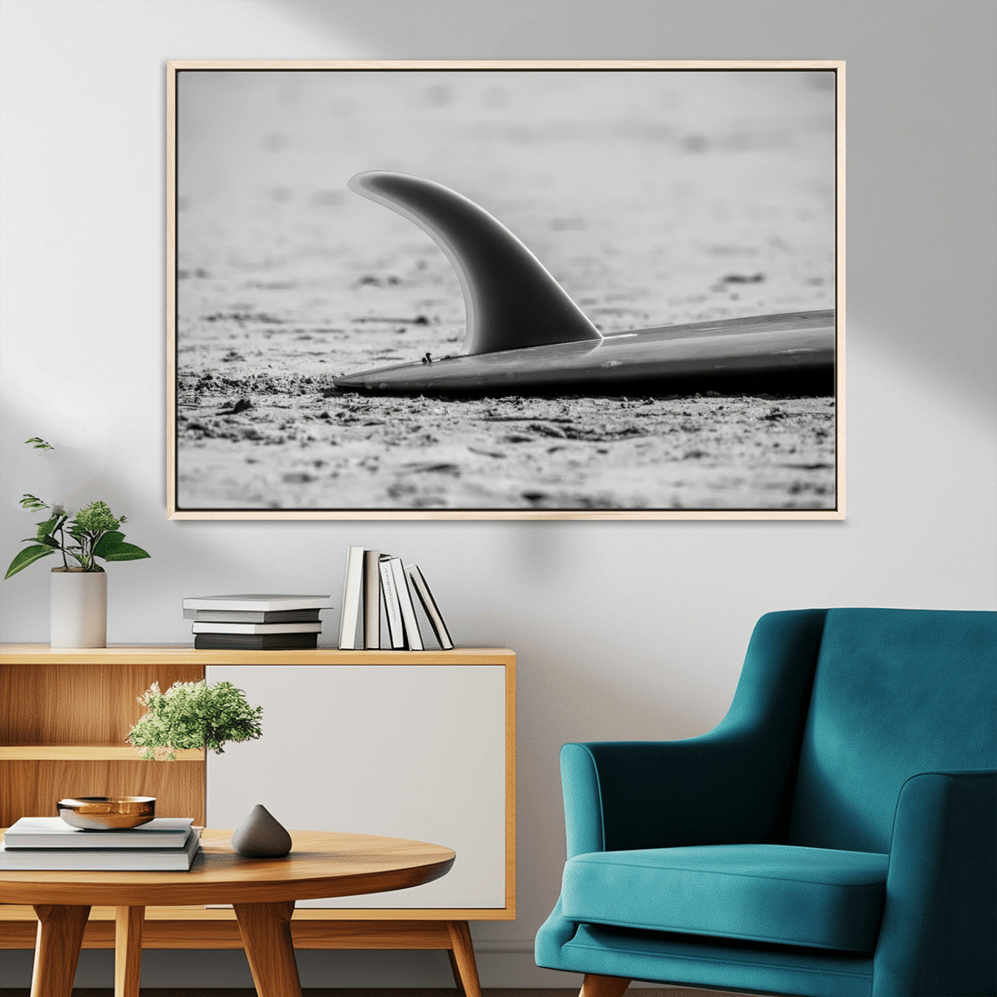 MGV-FC-36X24 - Black White Surfboard Wall Art Canvas Print, Framed Minimalist Beach Art Picture Print, Surf Fin Perfect Minimalist Coastal Decor Artwork