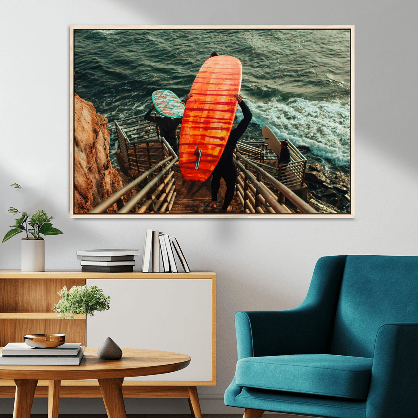 MGV-FC-36X24 - Surfer Stairway Wall Art Canvas Print, Framed Ocean Surf Art Picture Print, Sunset Coastal Perfect Coastal Adventure Decor Artwork