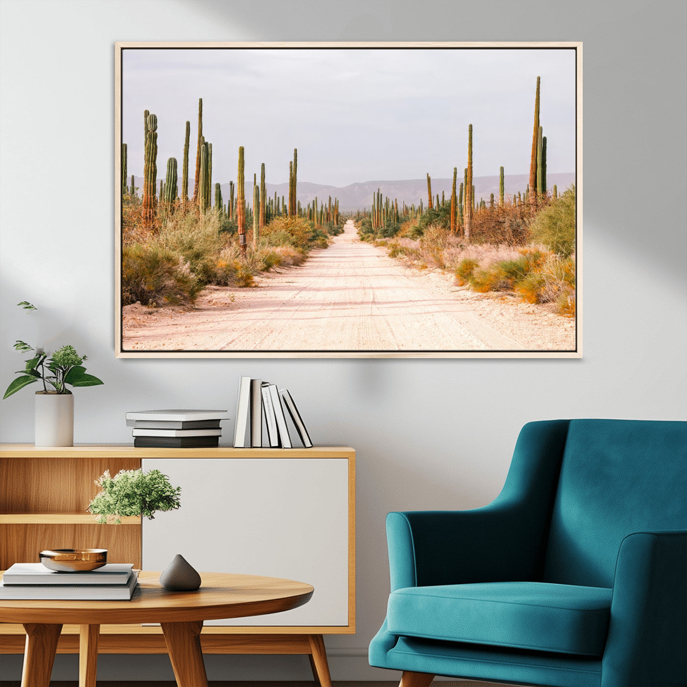 MGV-FC-36X24 - Desert Cactus Lined Road Wall Art Canvas Print, Framed Southwestern Landscape Art Picture Print, Bohemian Western Aesthetic Perfect Southwestern Boho Decor Artwork