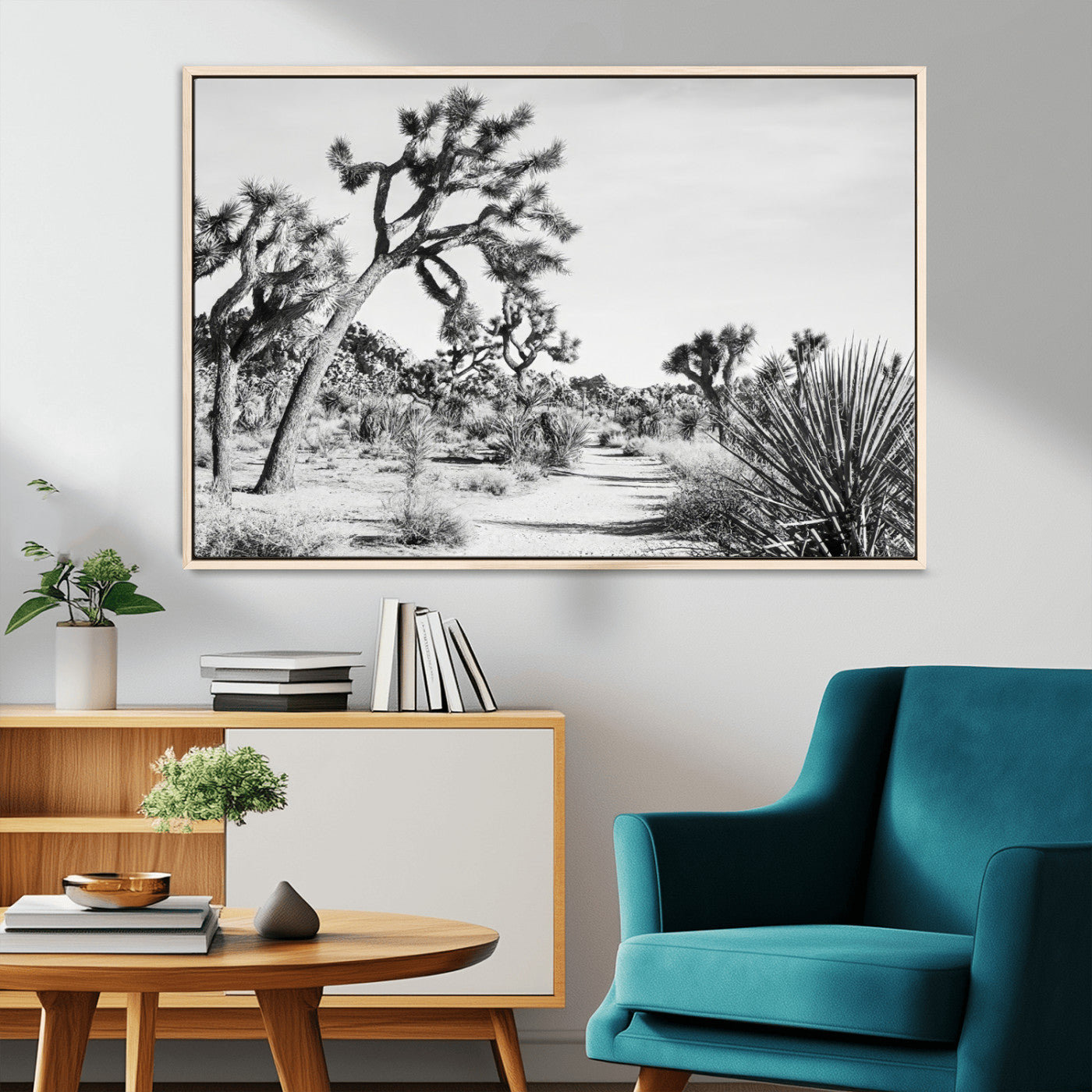 MGV-FC-36X24 - Joshua Tree Wall Art Canvas Print, Framed Desert Path Art Picture Print, Monochrome Desert Perfect Minimalist Desert Decor Artwork