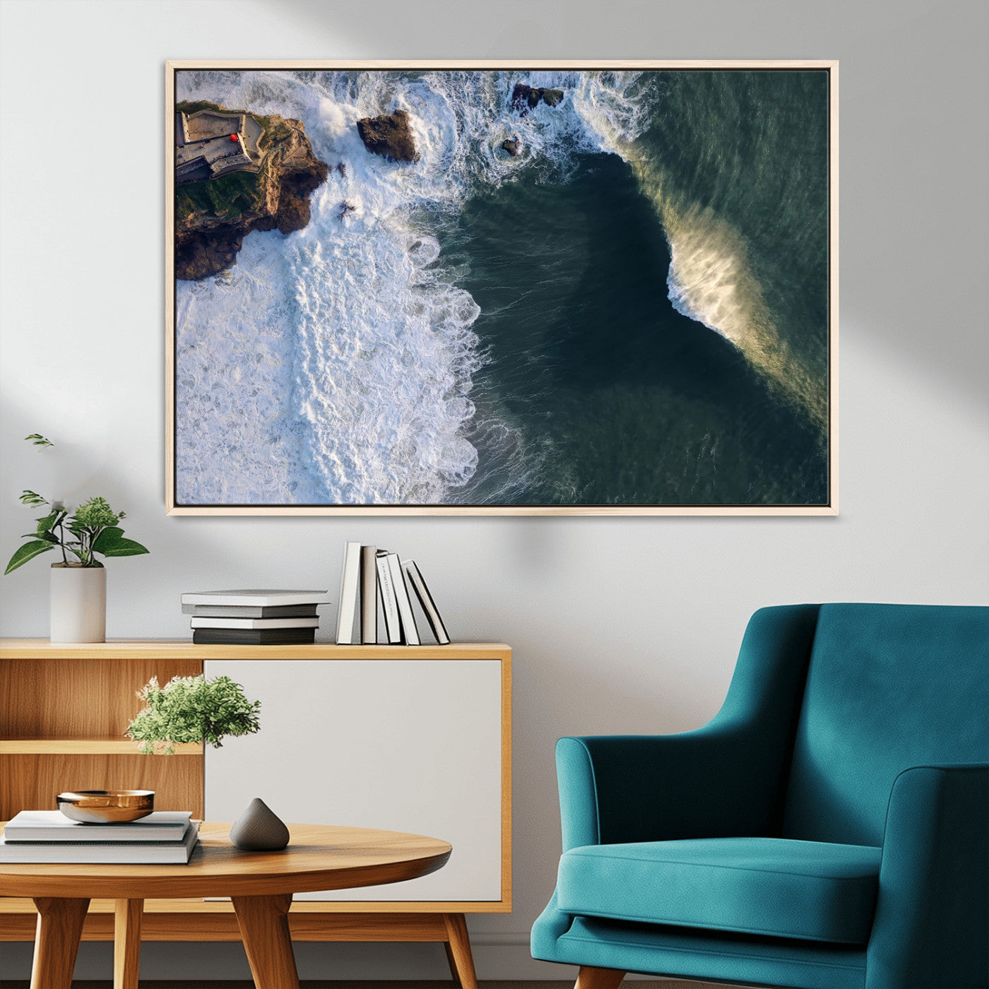 MGV-FC-36X24 - Nazaré Coast Wall Art Canvas Print, Framed Aerial Ocean Art Picture Print, Coastal Fortress Perfect Dramatic Coastal Decor Artwork