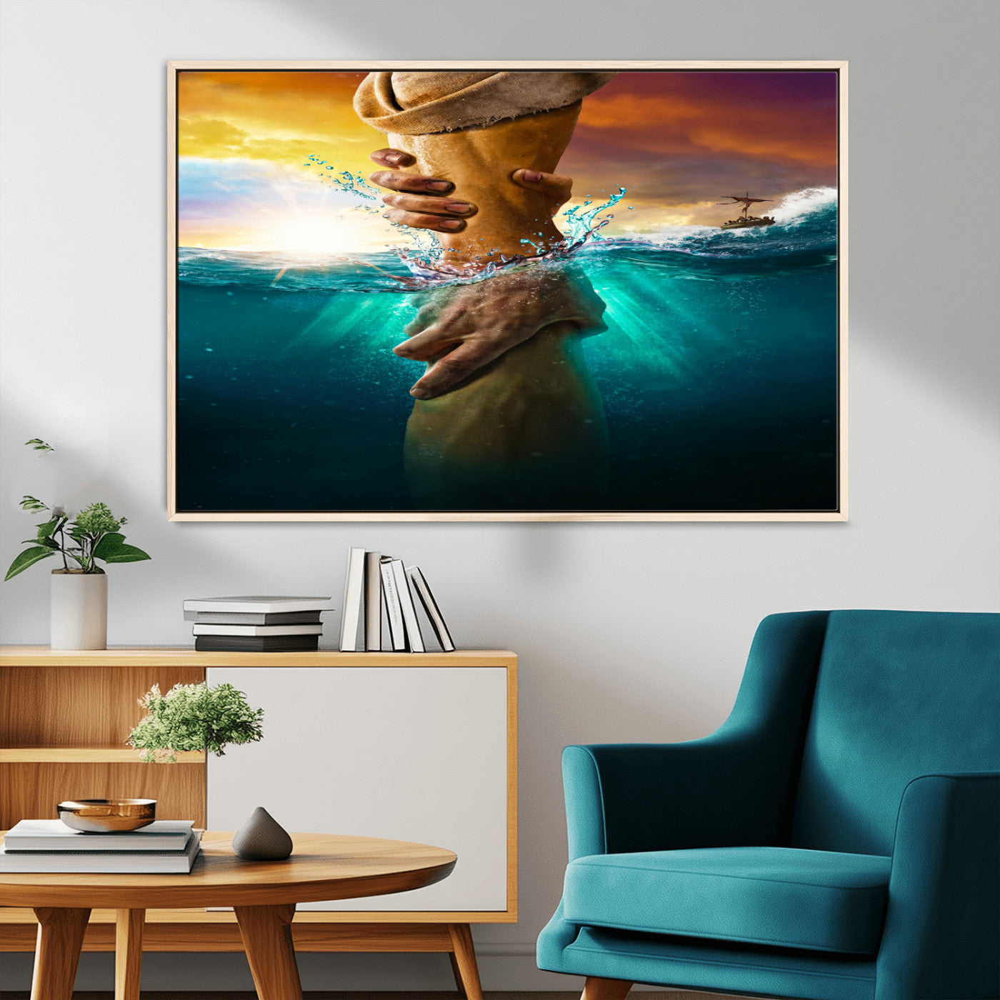 A dramatic scene of a hand reaching underwater and being lifted, symbolizing rescue and faith, ideal for spiritual or Christian wall decor.