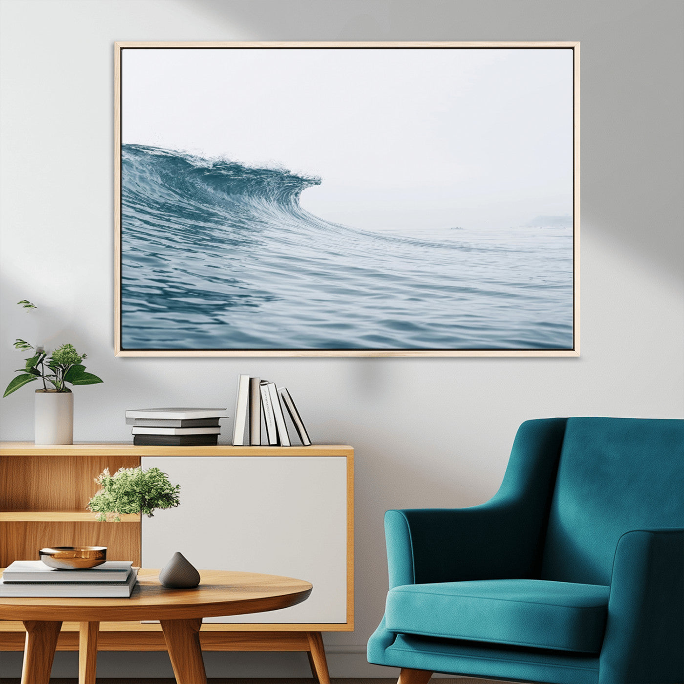 A single ocean wave curling in soft blue tones under a misty sky, ideal for coastal or minimalist home wall decor.