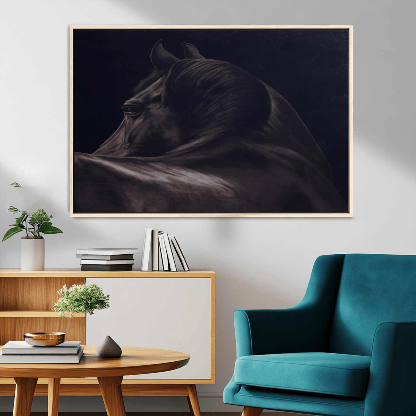 Moody black horse portrait with dramatic lighting on dark background, ideal for rustic, modern or Western style home decor.