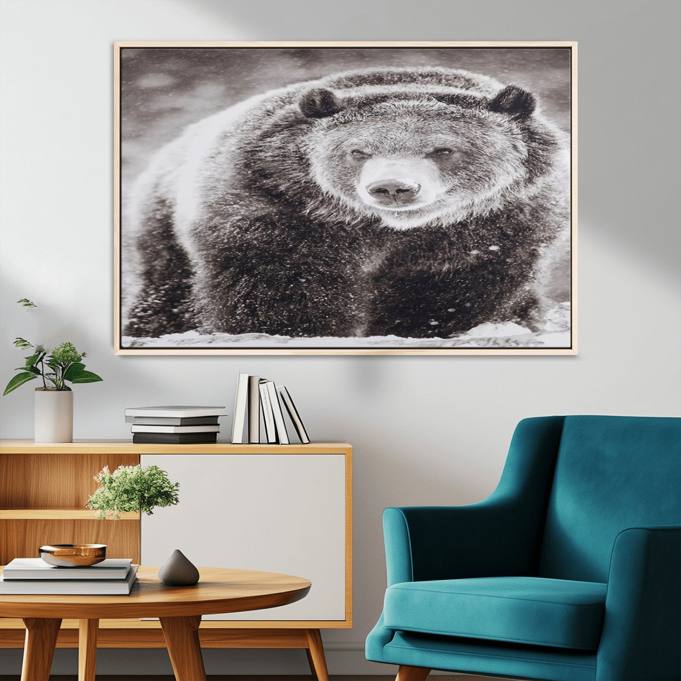Snow-covered grizzly bear in black and white, ideal for rustic lodge, cabin or wildlife-themed home wall decor.