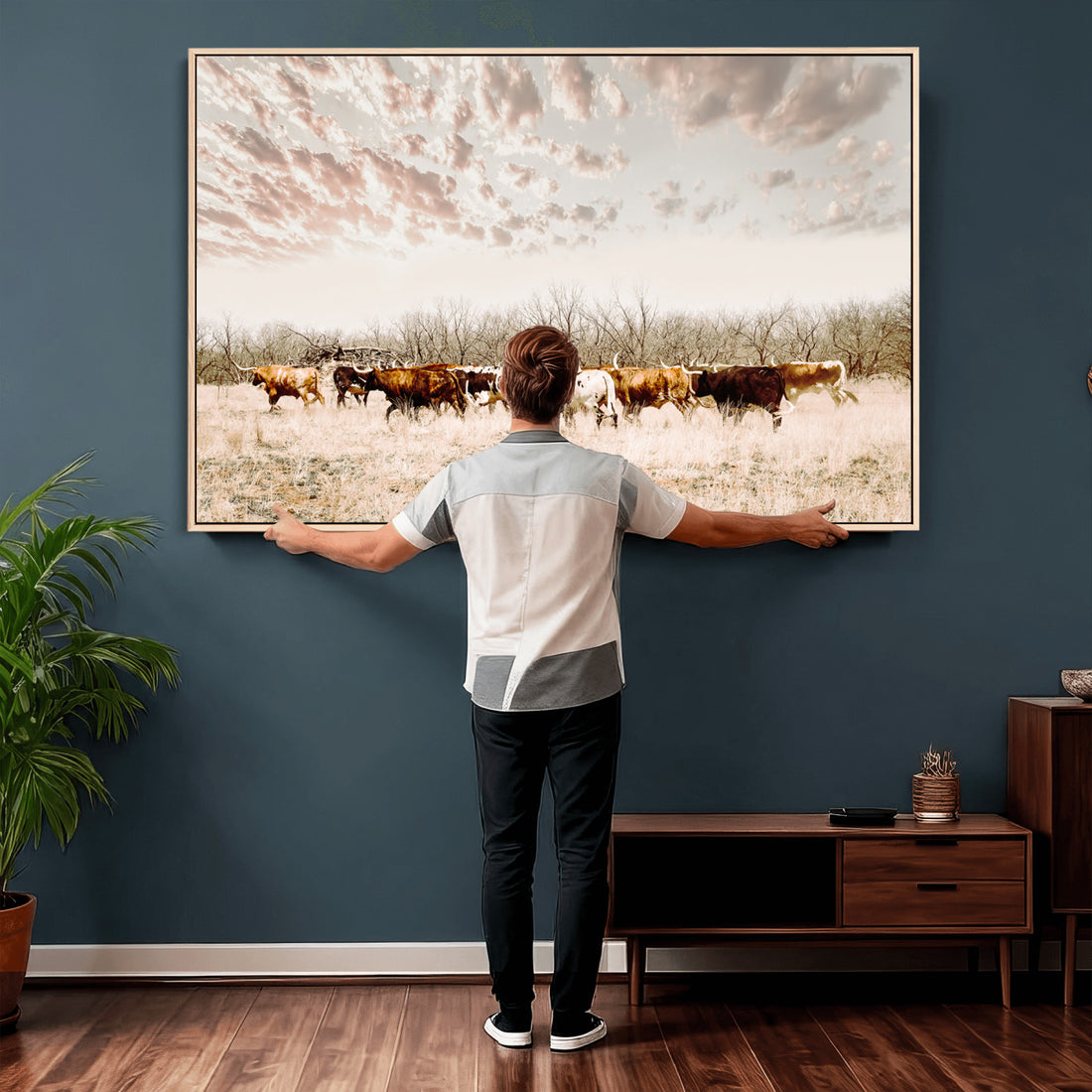 Longhorn Cattle Wall Art Canvas Print, Framed Texas Ranch Art, Western Cow Print, Prairie Landscape Decor