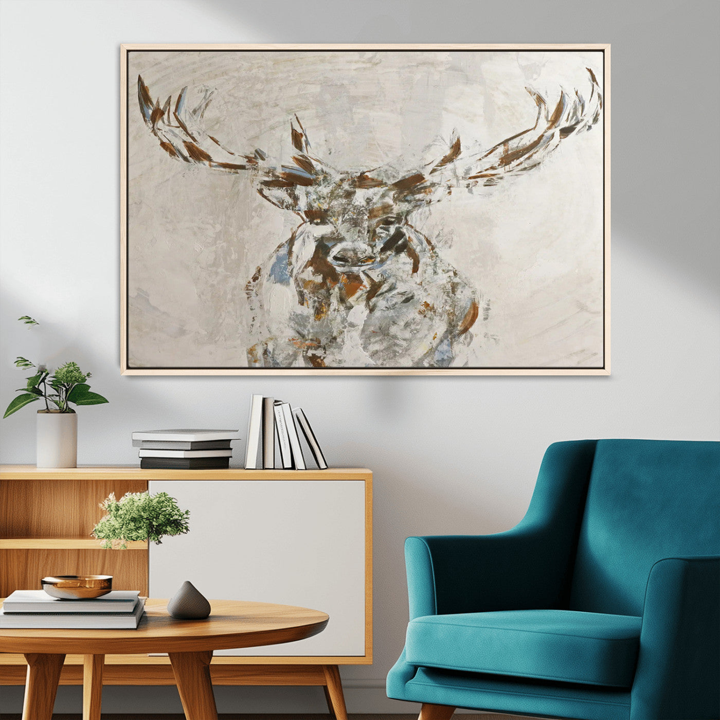 Abstract painting of a deer with antlers in neutral earth tones, ideal for modern rustic or lodge-style living room wall decor.