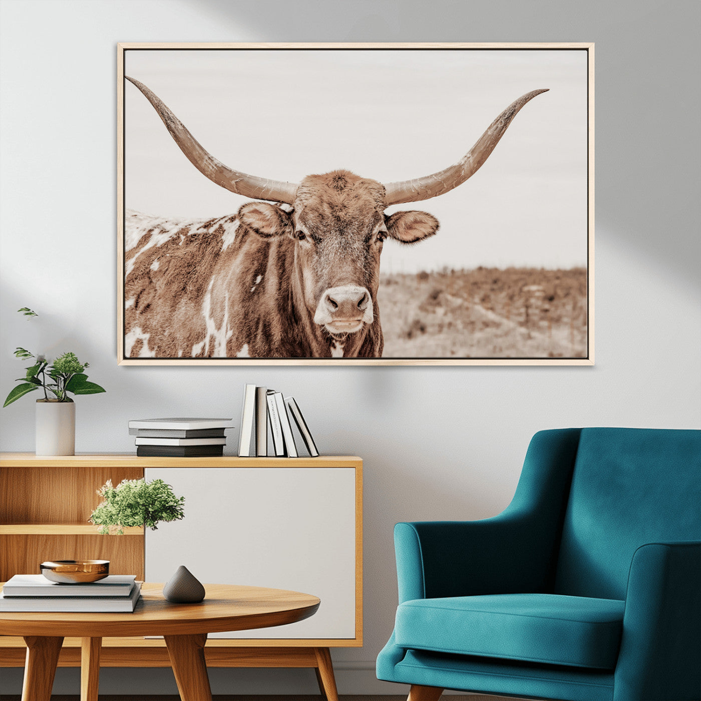 MGV-FC-36X24 - Longhorn Cow Wall Art Canvas Print, Framed Texas Ranch Art Picture Print, Western Bull Perfect County Decor Artwork